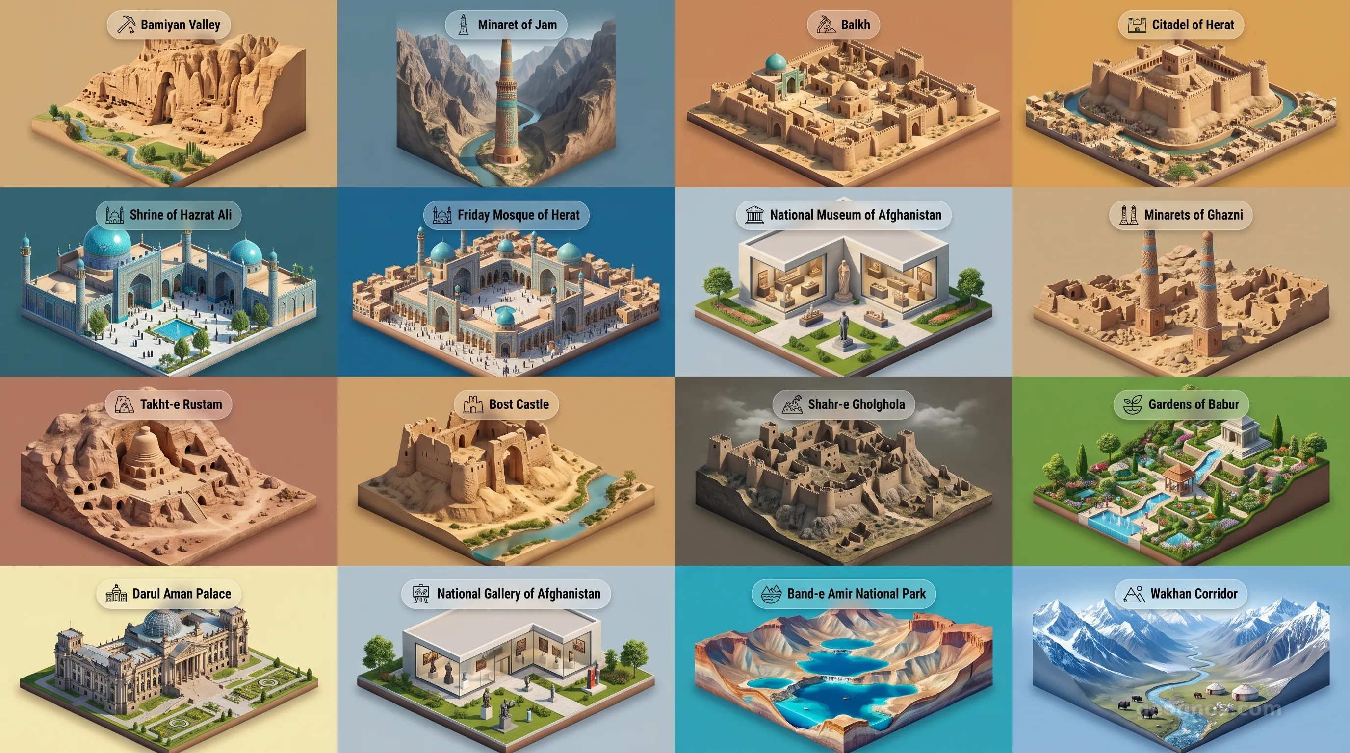 Afghanistan - Panoramic Places of Interest Atlas including Bamiyan Valley, Minaret of Jam, Balkh, Citadel of Herat, Shrine of Hazrat Ali, Friday Mosque of Herat, National Museum of Afghanistan, Minarets of Ghazni, Takht-e Rustam, Bost Castle, Shahr-e Gholghola, Gardens of Babur, Darul Aman Palace, National Gallery of Afghanistan, Band-e Amir National Park, Wakhan Corridor