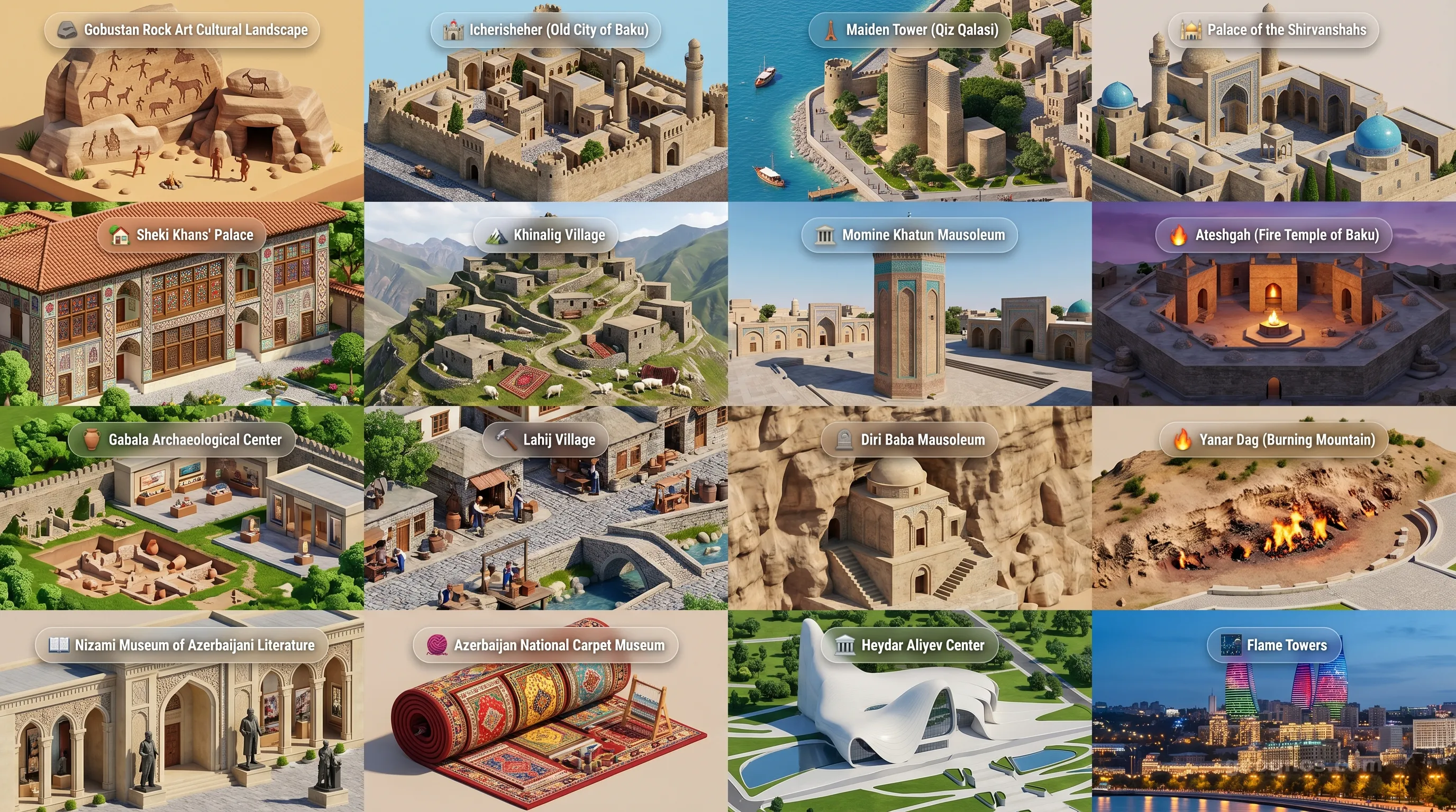 Azerbaijan - Panoramic Places of Interest Atlas including Gobustan Rock Art Cultural Landscape, Icherisheher (Old City of Baku), Maiden Tower (Qiz Qalasi), Palace of the Shirvanshahs, Sheki Khans' Palace, Khinalig Village, Momine Khatun Mausoleum, Ateshgah (Fire Temple of Baku), Gabala Archaeological Center, Lahij Village, Diri Baba Mausoleum, Yanar Dag (Burning Mountain), Nizami Museum of Azerbaijani Literature, Azerbaijan National Carpet Museum, Heydar Aliyev Center, Flame Towers