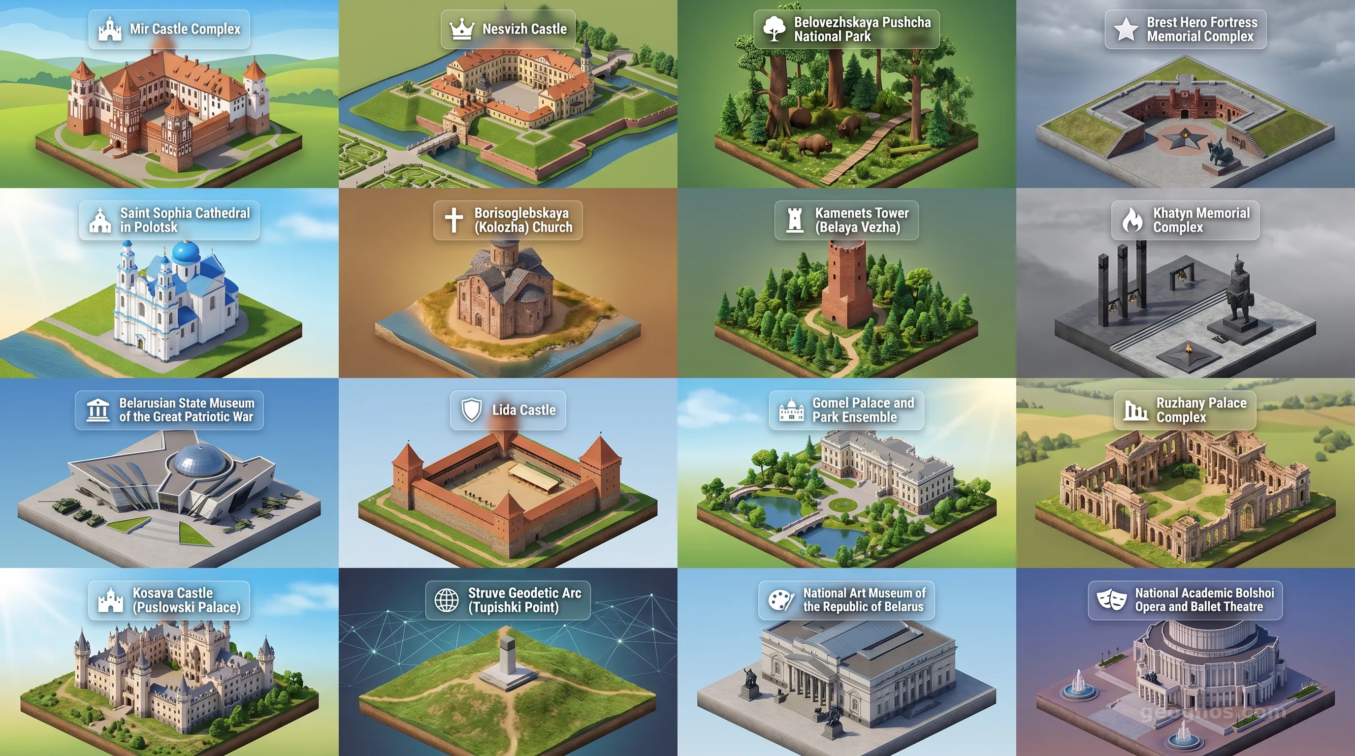 Belarus - Panoramic Places of Interest Atlas including Mir Castle Complex, Nesvizh Castle, Belovezhskaya Pushcha National Park, Brest Hero Fortress Memorial Complex, Saint Sophia Cathedral in Polotsk, Borisoglebskaya (Kolozha) Church, Kamenets Tower (Belaya Vezha), Khatyn Memorial Complex, Belarusian State Museum of the Great Patriotic War, Lida Castle, Gomel Palace and Park Ensemble, Ruzhany Palace Complex, Kosava Castle (Puslowski Palace), Struve Geodetic Arc (Tupishki Point), National Art Museum of the Republic of Belarus, National Academic Bolshoi Opera and Ballet Theatre