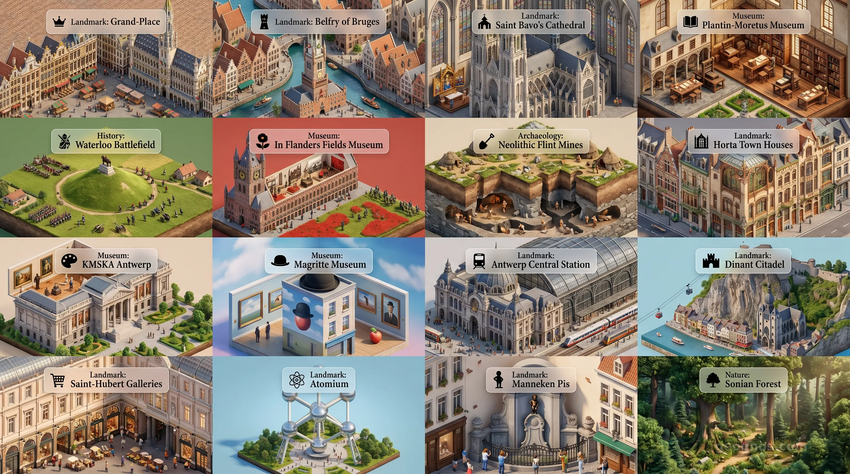 Belgium - Panoramic Places of Interest Atlas including Grand-Place, Belfry of Bruges and Historic Centre, Saint Bavo's Cathedral, Plantin-Moretus Museum, Waterloo Battlefield, In Flanders Fields Museum, Neolithic Flint Mines at Spiennes, Major Town Houses of Victor Horta, Royal Museum of Fine Arts Antwerp (KMSKA), Magritte Museum, Antwerp Central Station, Dinant Citadel, Royal Saint-Hubert Galleries, Atomium, Manneken Pis, Sonian Forest (Forêt de Soignes)