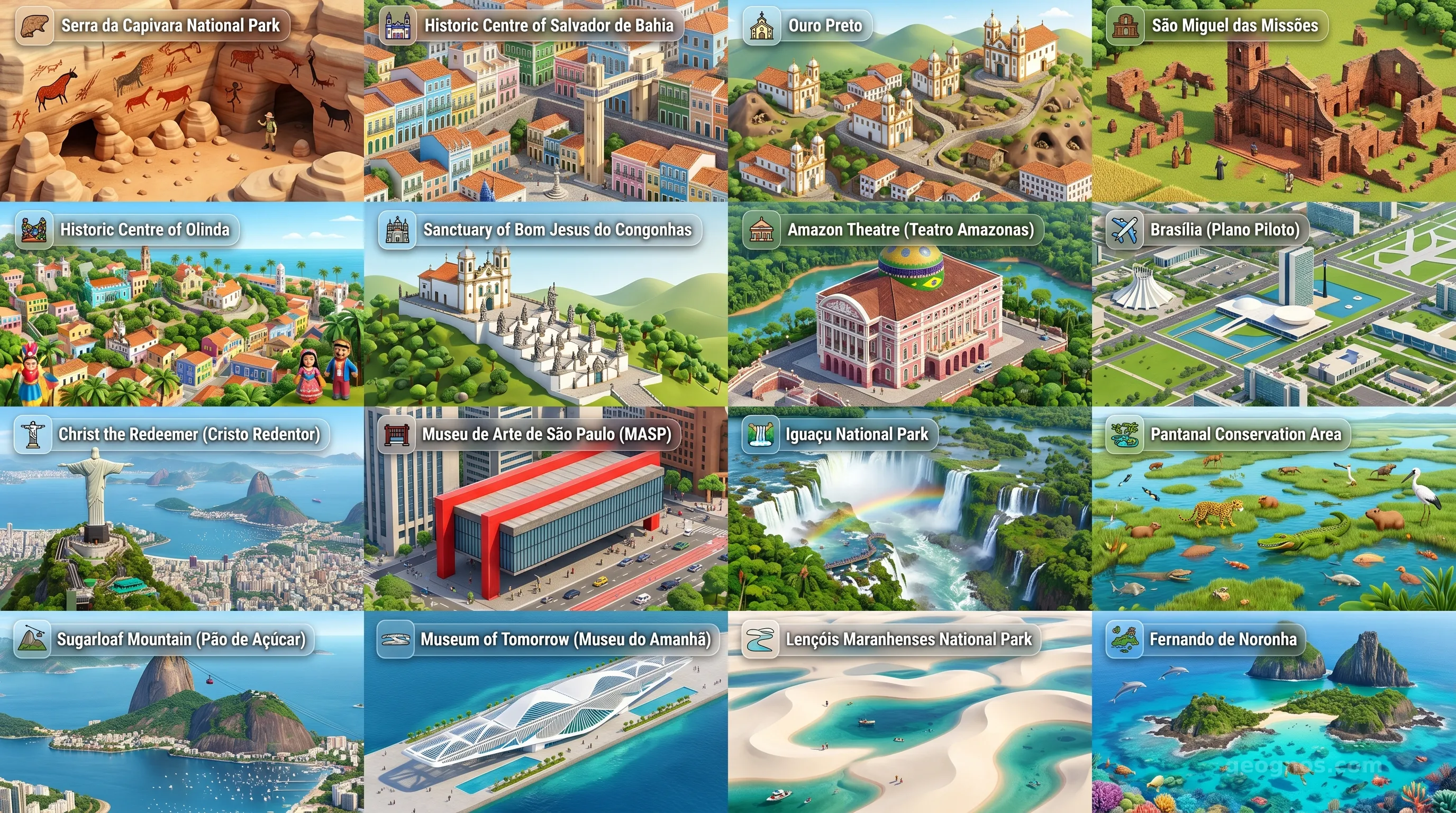Brazil - Panoramic Places of Interest Atlas including Serra da Capivara National Park, Historic Centre of Salvador de Bahia, Ouro Preto, São Miguel das Missões, Historic Centre of Olinda, Sanctuary of Bom Jesus do Congonhas, Amazon Theatre (Teatro Amazonas), Brasília (Plano Piloto), Christ the Redeemer (Cristo Redentor), Museu de Arte de São Paulo (MASP), Iguaçu National Park, Pantanal Conservation Area, Sugarloaf Mountain (Pão de Açúcar), Museum of Tomorrow (Museu do Amanhã), Lençóis Maranhenses National Park, Fernando de Noronha