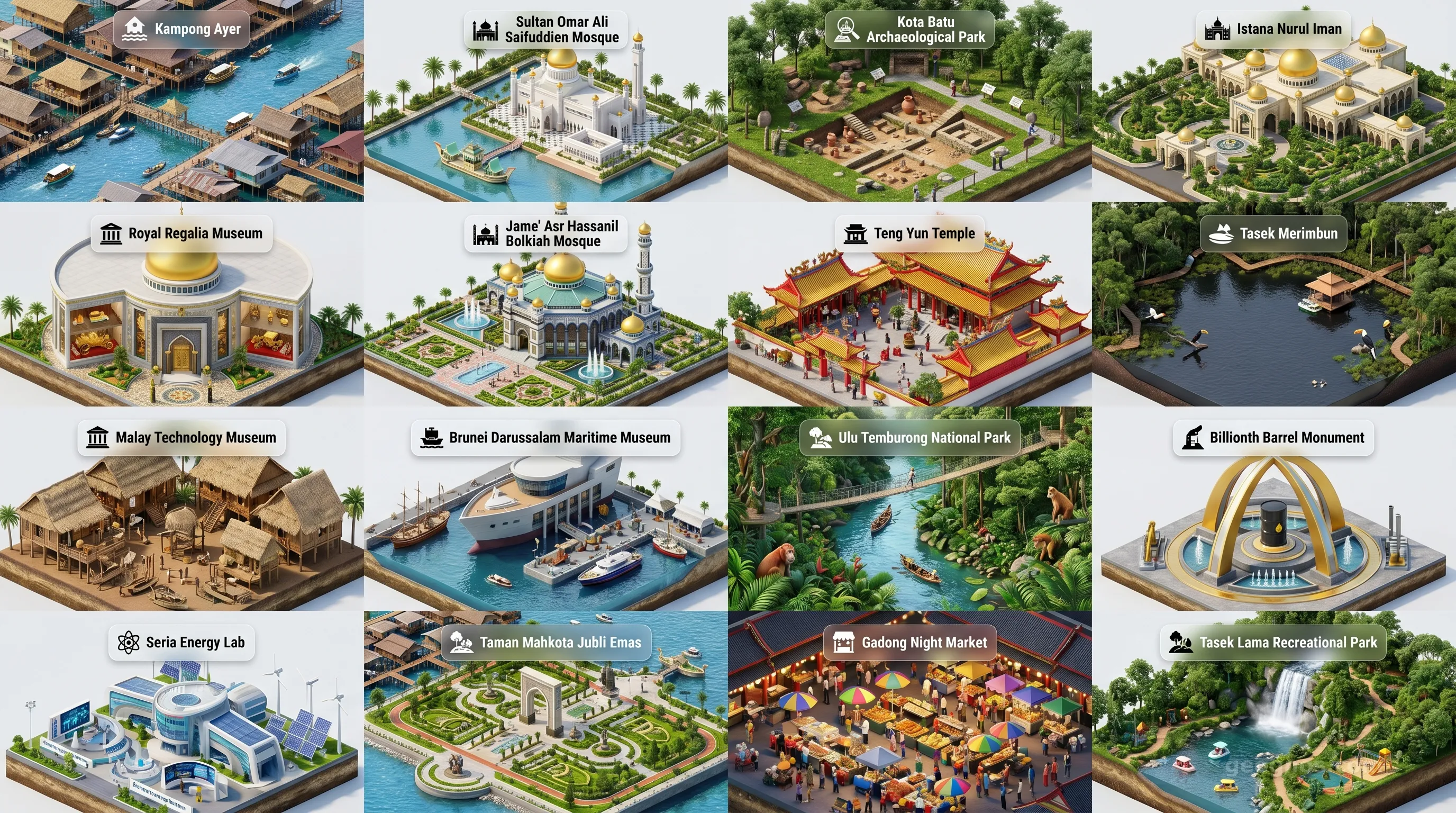 Brunei - Panoramic Places of Interest Atlas including Kampong Ayer, Sultan Omar Ali Saifuddien Mosque, Kota Batu Archaeological Park, Istana Nurul Iman, Royal Regalia Museum, Jame' Asr Hassanil Bolkiah Mosque, Teng Yun Temple, Tasek Merimbun, Malay Technology Museum, Brunei Darussalam Maritime Museum, Ulu Temburong National Park, Billionth Barrel Monument, Seria Energy Lab, Taman Mahkota Jubli Emas, Gadong Night Market, Tasek Lama Recreational Park