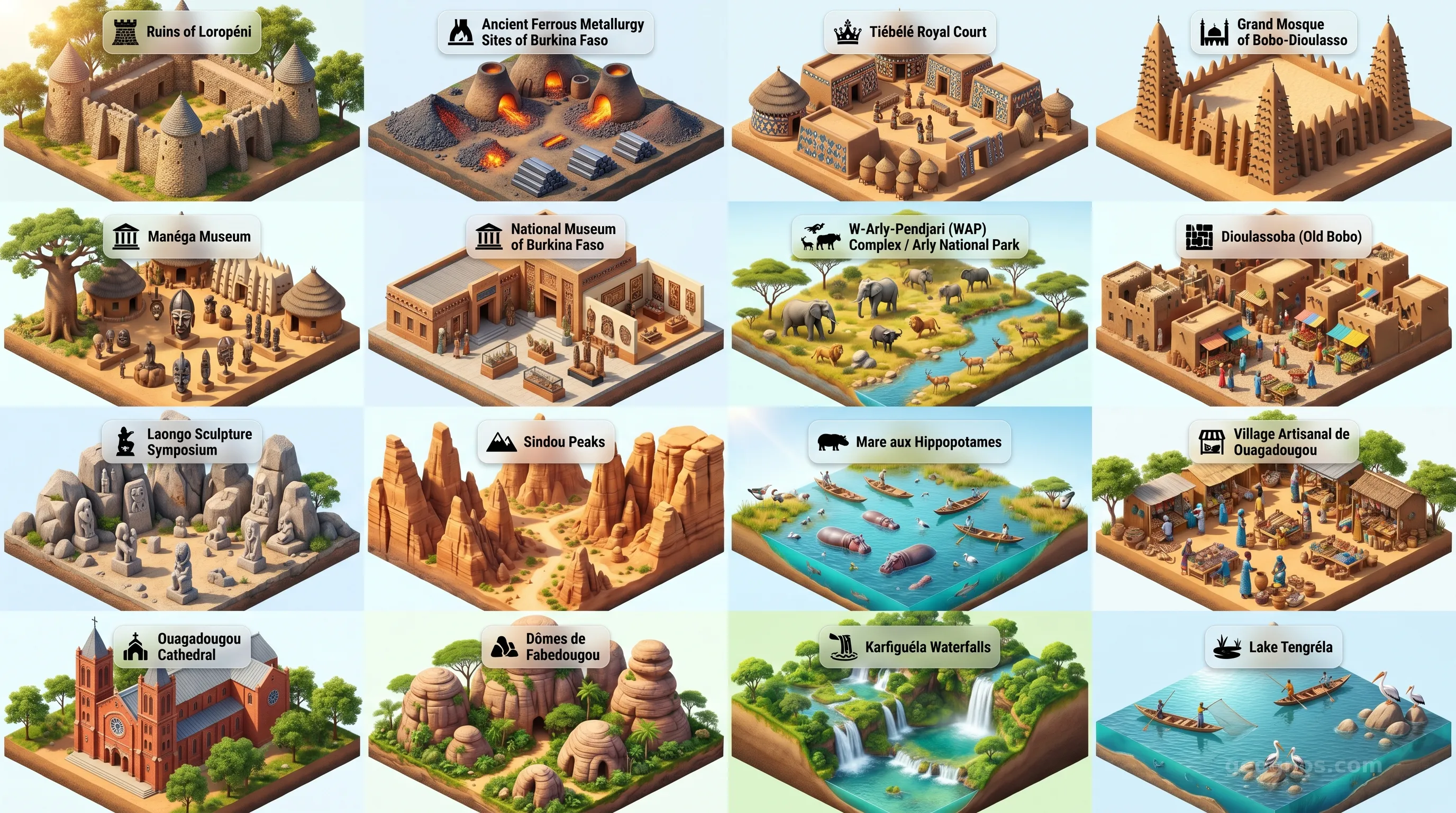 Burkina Faso - Panoramic Places of Interest Atlas including Ruins of Loropéni, Ancient Ferrous Metallurgy Sites of Burkina Faso, Tiébélé Royal Court, Grand Mosque of Bobo-Dioulasso, Manéga Museum, National Museum of Burkina Faso, W-Arly-Pendjari (WAP) Complex / Arly National Park, Dioulassoba (Old Bobo), Laongo Sculpture Symposium, Sindou Peaks, Mare aux Hippopotames, Village Artisanal de Ouagadougou, Ouagadougou Cathedral, Dômes de Fabedougou, Karfiguéla Waterfalls, Lake Tengréla