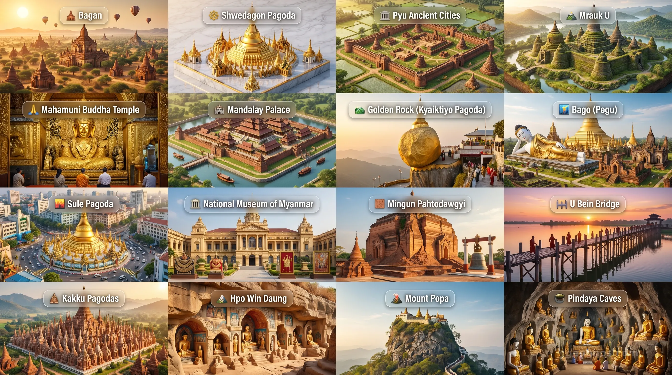 Burma - Panoramic Places of Interest Atlas including Bagan, Shwedagon Pagoda, Pyu Ancient Cities, Mrauk U, Mahamuni Buddha Temple, Mandalay Palace, Golden Rock (Kyaiktiyo Pagoda), Bago (Pegu), Sule Pagoda, National Museum of Myanmar, Mingun Pahtodawgyi, U Bein Bridge, Kakku Pagodas, Hpo Win Daung, Mount Popa, Pindaya Caves