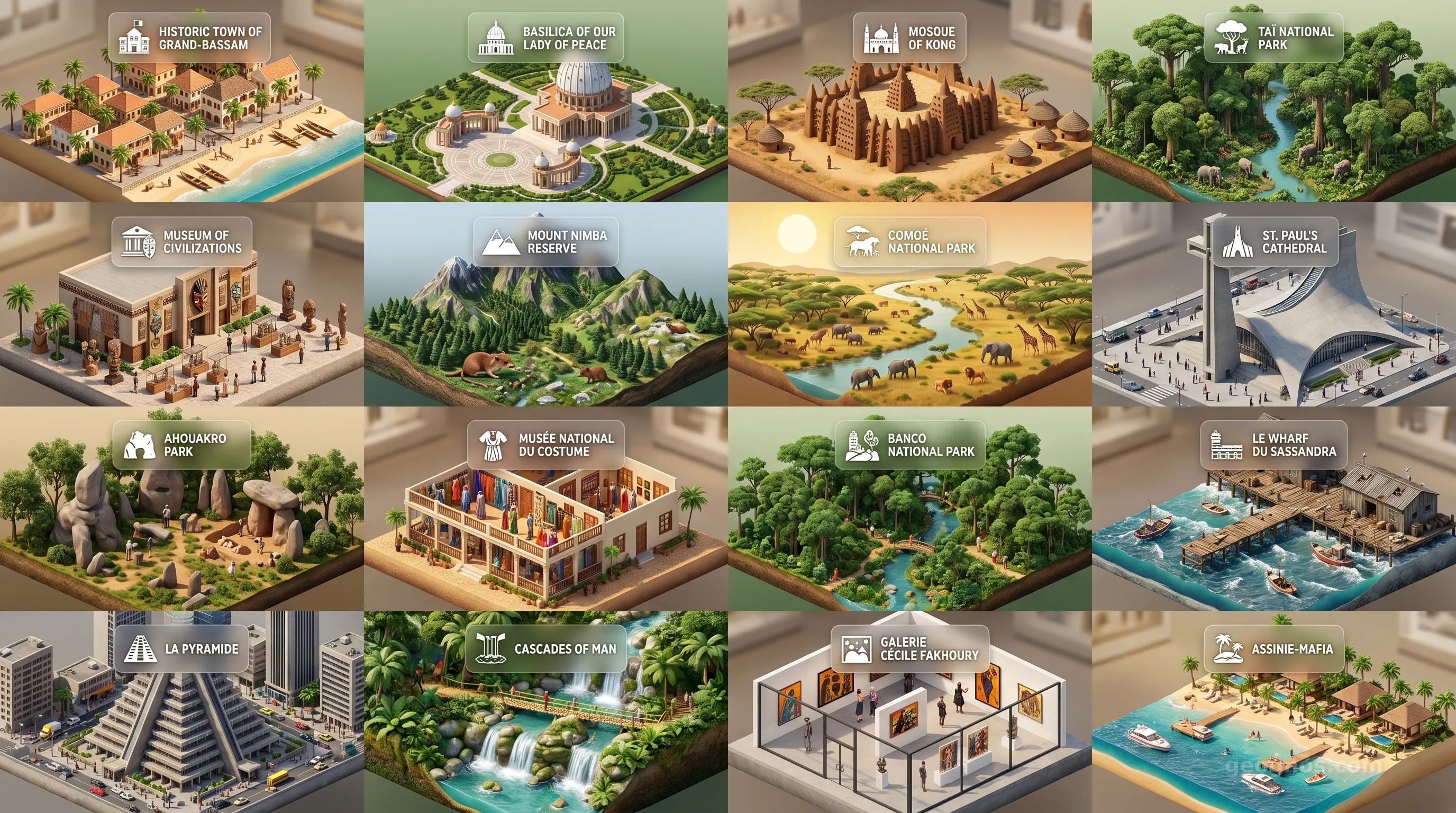 Cote d'Ivoire - Panoramic Places of Interest Atlas including Historic Town of Grand-Bassam, Basilica of Our Lady of Peace, Mosque of Kong, Taï National Park, Museum of Civilizations of Côte d'Ivoire, Mount Nimba Strict Nature Reserve, Comoé National Park, St. Paul's Cathedral, Ahouakro Archaeological Park, Musée National du Costume, Banco National Park, Le Wharf du Sassandra, La Pyramide, Cascades of Man, Galerie Cécile Fakhoury, Assinie-Mafia