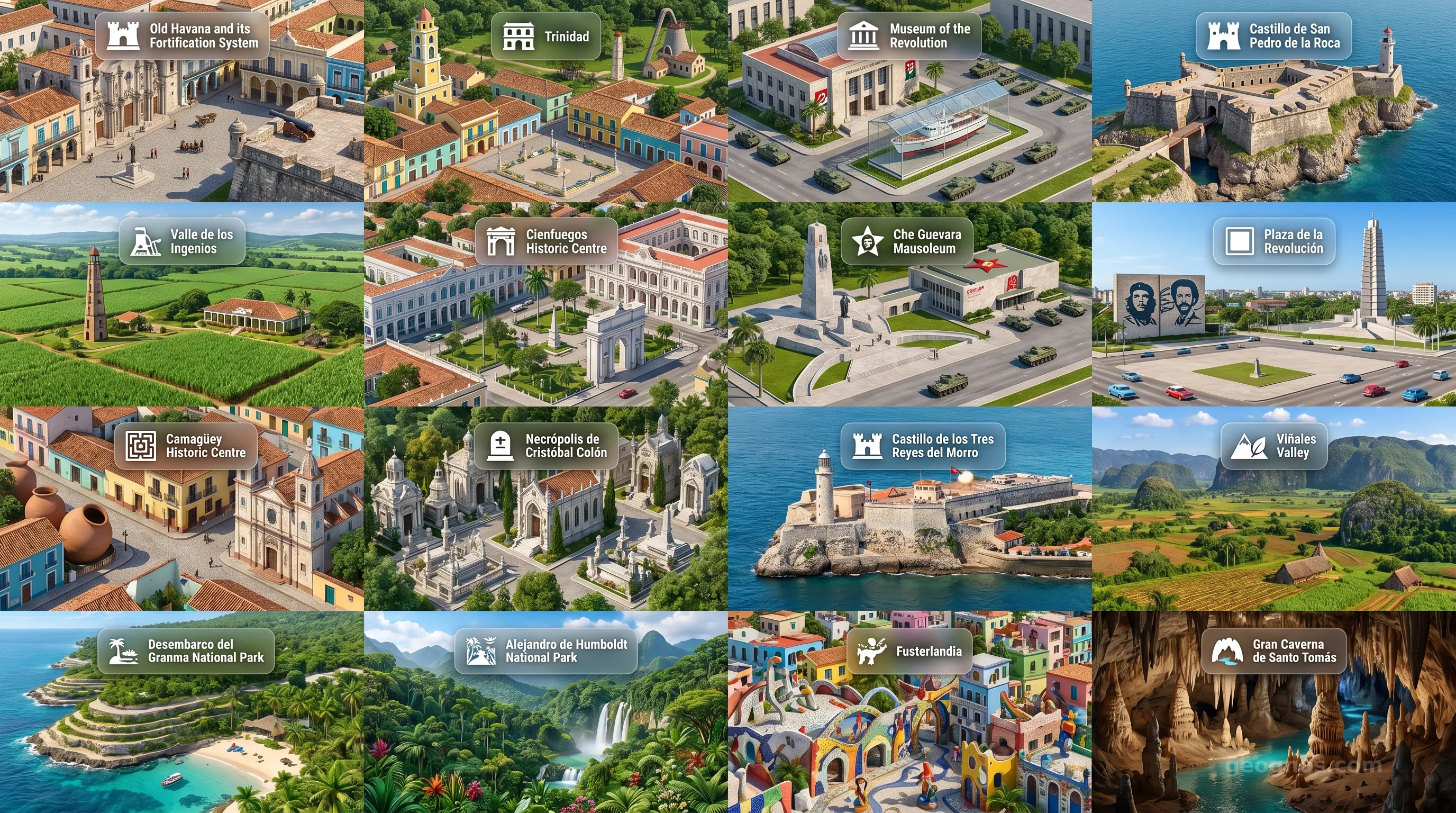 Cuba - Panoramic Places of Interest Atlas including Old Havana and its Fortification System, Trinidad, Museum of the Revolution, Castillo de San Pedro de la Roca, Valle de los Ingenios, Cienfuegos Historic Centre, Che Guevara Mausoleum, Plaza de la Revolución, Camagüey Historic Centre, Necrópolis de Cristóbal Colón, Castillo de los Tres Reyes del Morro, Viñales Valley, Desembarco del Granma National Park, Alejandro de Humboldt National Park, Fusterlandia, Gran Caverna de Santo Tomás