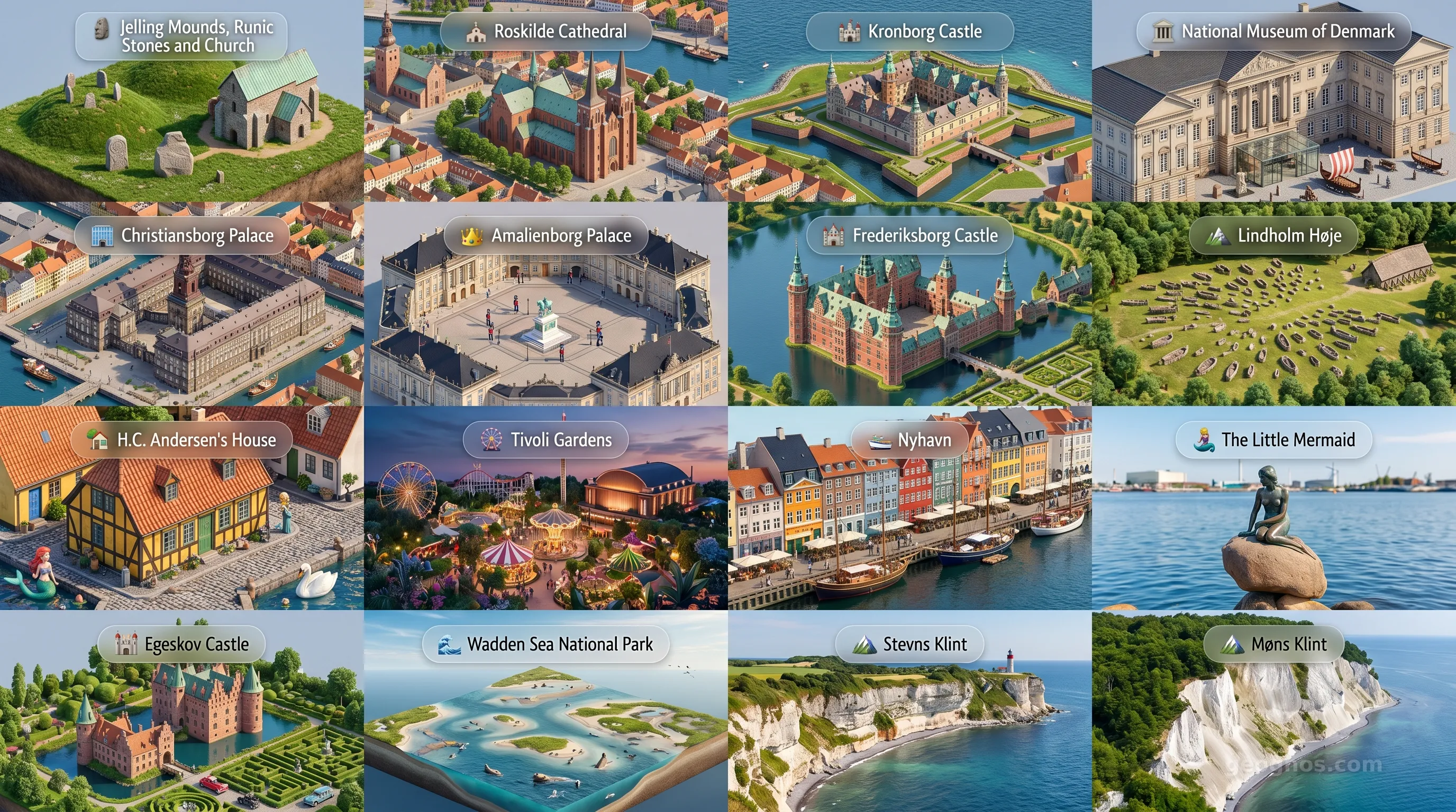 Denmark - Panoramic Places of Interest Atlas including Jelling Mounds, Runic Stones and Church, Roskilde Cathedral, Kronborg Castle, National Museum of Denmark, Christiansborg Palace, Amalienborg Palace, Frederiksborg Castle, Lindholm Høje, H.C. Andersen's House, Tivoli Gardens, Nyhavn, The Little Mermaid, Egeskov Castle, Wadden Sea National Park, Stevns Klint, Møns Klint