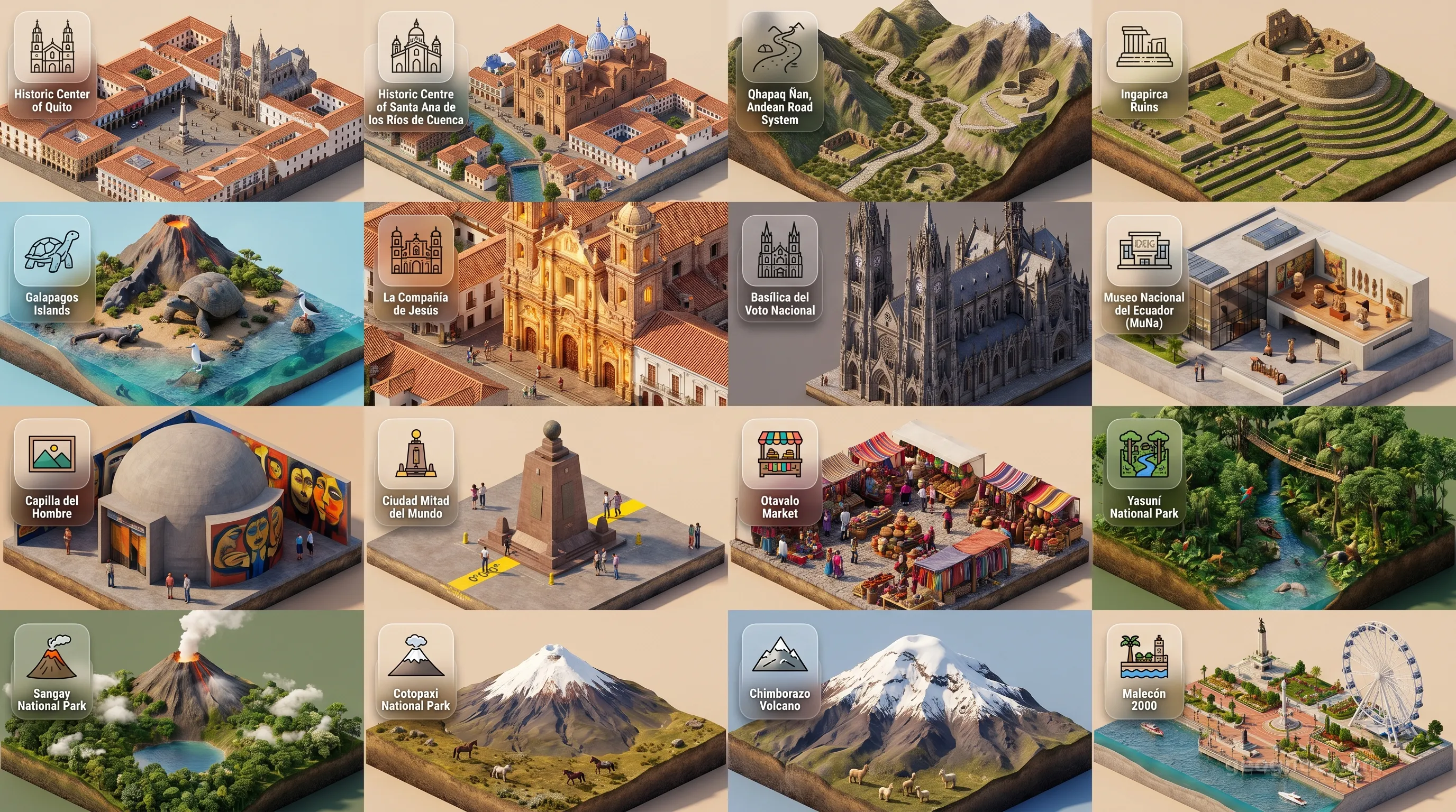 Ecuador - Panoramic Places of Interest Atlas including Historic Center of Quito, Historic Centre of Santa Ana de los Ríos de Cuenca, Qhapaq Ñan, Andean Road System, Ingapirca Ruins, Galapagos Islands, La Compañía de Jesús, Basílica del Voto Nacional, Museo Nacional del Ecuador (MuNa), Capilla del Hombre, Ciudad Mitad del Mundo, Otavalo Market, Yasuní National Park, Sangay National Park, Cotopaxi National Park, Chimborazo Volcano, Malecón 2000