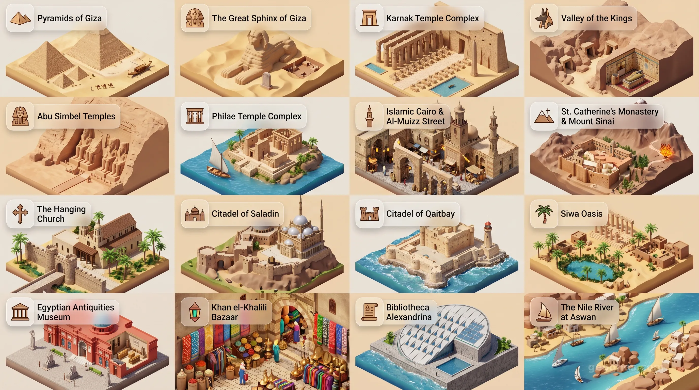 Egypt - Panoramic Places of Interest Atlas including Pyramids of Giza, The Great Sphinx of Giza, Karnak Temple Complex, Valley of the Kings, Abu Simbel Temples, Philae Temple Complex, Islamic Cairo & Al-Muizz Street, St. Catherine's Monastery & Mount Sinai, The Hanging Church, Citadel of Saladin, Citadel of Qaitbay, Siwa Oasis, Egyptian Antiquities Museum, Khan el-Khalili Bazaar, Bibliotheca Alexandrina, The Nile River at Aswan