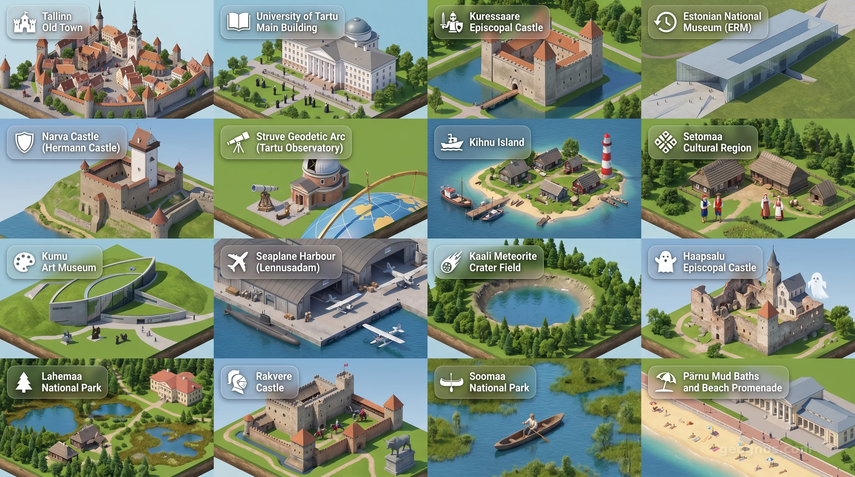 Estonia - Panoramic Places of Interest Atlas including Tallinn Old Town, University of Tartu Main Building, Kuressaare Episcopal Castle, Estonian National Museum (ERM), Narva Castle (Hermann Castle), Struve Geodetic Arc (Tartu Observatory), Kihnu Island, Setomaa Cultural Region, Kumu Art Museum, Seaplane Harbour (Lennusadam), Kaali Meteorite Crater Field, Haapsalu Episcopal Castle, Lahemaa National Park, Rakvere Castle, Soomaa National Park, Pärnu Mud Baths and Beach Promenade