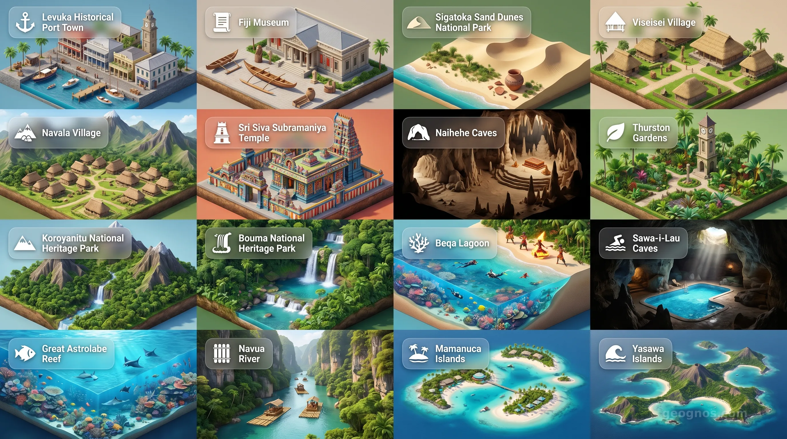Fiji - Panoramic Places of Interest Atlas including Levuka Historical Port Town, Fiji Museum, Sigatoka Sand Dunes National Park, Viseisei Village, Navala Village, Sri Siva Subramaniya Temple, Naihehe Caves, Thurston Gardens, Koroyanitu National Heritage Park, Bouma National Heritage Park, Beqa Lagoon, Sawa-i-Lau Caves, Great Astrolabe Reef, Navua River, Mamanuca Islands, Yasawa Islands