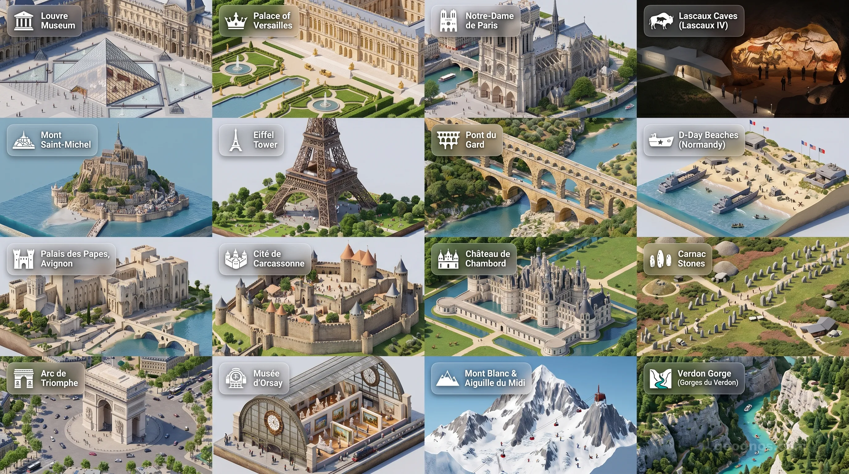France - Panoramic Places of Interest Atlas including Louvre Museum, Palace of Versailles, Notre-Dame de Paris, Lascaux Caves (Lascaux IV), Mont Saint-Michel, Eiffel Tower, Pont du Gard, D-Day Beaches (Normandy), Palais des Papes, Avignon, Cité de Carcassonne, Château de Chambord, Carnac Stones, Arc de Triomphe, Musée d'Orsay, Mont Blanc & Aiguille du Midi, Verdon Gorge (Gorges du Verdon)