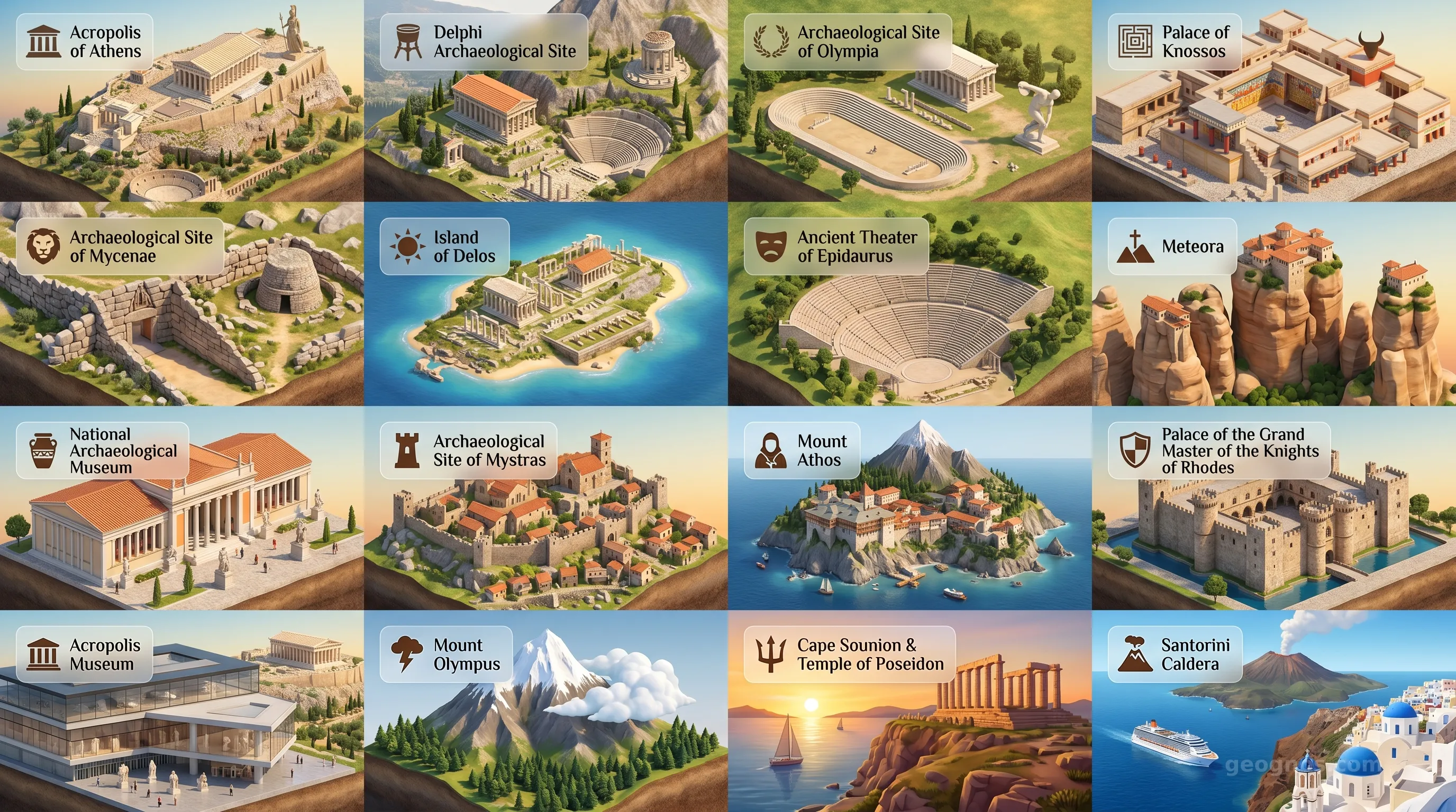 Greece - Panoramic Places of Interest Atlas including Acropolis of Athens, Delphi Archaeological Site, Archaeological Site of Olympia, Palace of Knossos, Archaeological Site of Mycenae, Island of Delos, Ancient Theater of Epidaurus, Meteora, National Archaeological Museum, Archaeological Site of Mystras, Mount Athos, Palace of the Grand Master of the Knights of Rhodes, Acropolis Museum, Mount Olympus, Cape Sounion & Temple of Poseidon, Santorini Caldera