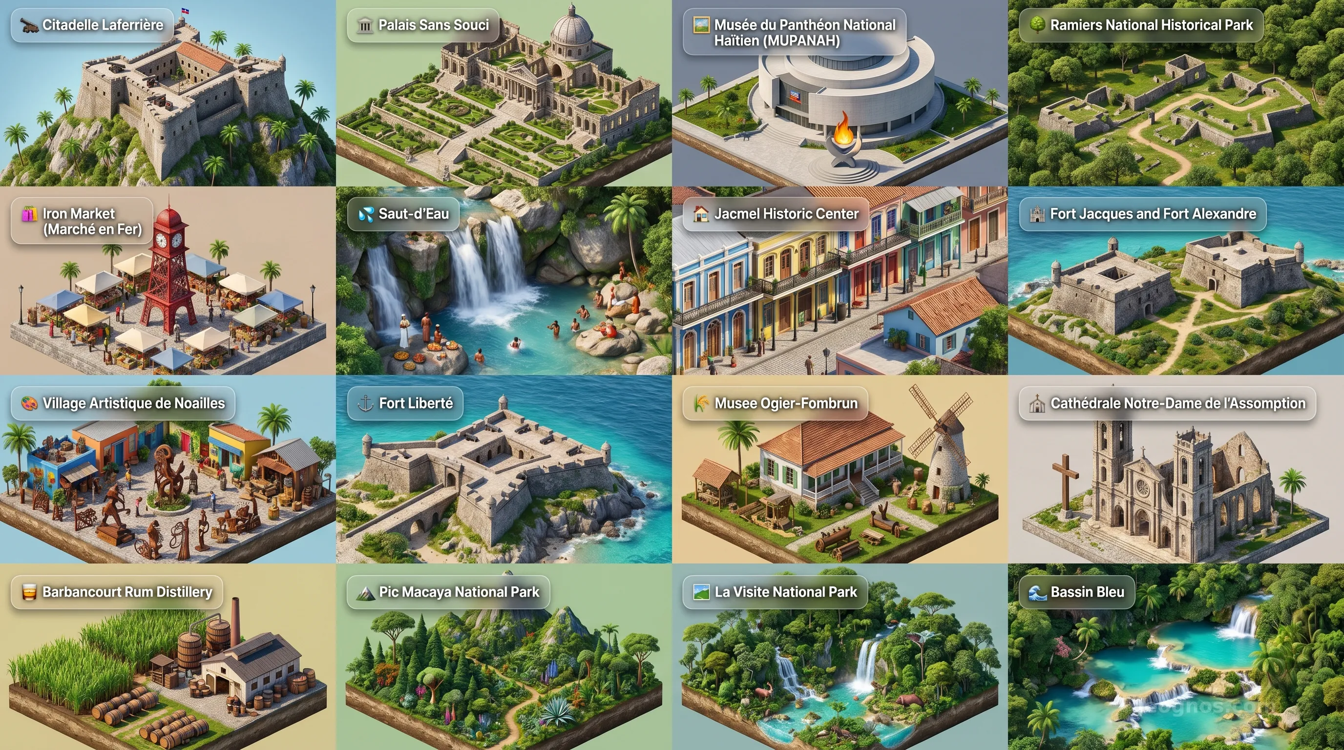 Haiti - Panoramic Places of Interest Atlas including Citadelle Laferrière, Palais Sans Souci, Musée du Panthéon National Haïtien (MUPANAH), Ramiers National Historical Park, Iron Market (Marché en Fer), Saut-d'Eau, Jacmel Historic Center, Fort Jacques and Fort Alexandre, Village Artistique de Noailles, Fort Liberté, Musee Ogier-Fombrun, Cathédrale Notre-Dame de l'Assomption, Barbancourt Rum Distillery, Pic Macaya National Park, La Visite National Park, Bassin Bleu