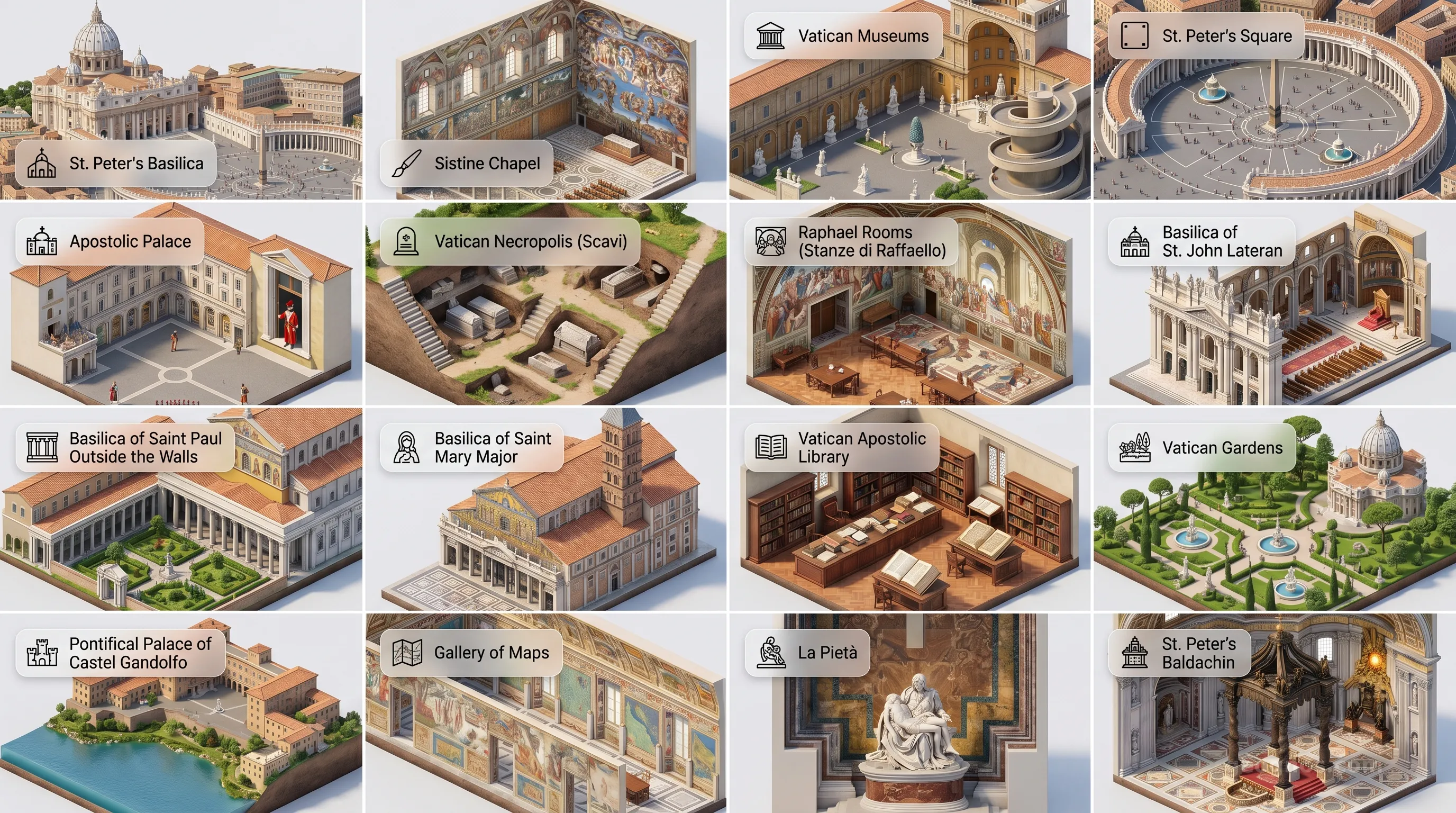 Holy See (Vatican City) - Panoramic Places of Interest Atlas including St. Peter's Basilica, Sistine Chapel, Vatican Museums, St. Peter's Square, Apostolic Palace, Vatican Necropolis (Scavi), Raphael Rooms (Stanze di Raffaello), Basilica of St. John Lateran, Basilica of Saint Paul Outside the Walls, Basilica of Saint Mary Major, Vatican Apostolic Library, Vatican Gardens, Pontifical Palace of Castel Gandolfo, Gallery of Maps, La Pietà, St. Peter's Baldachin