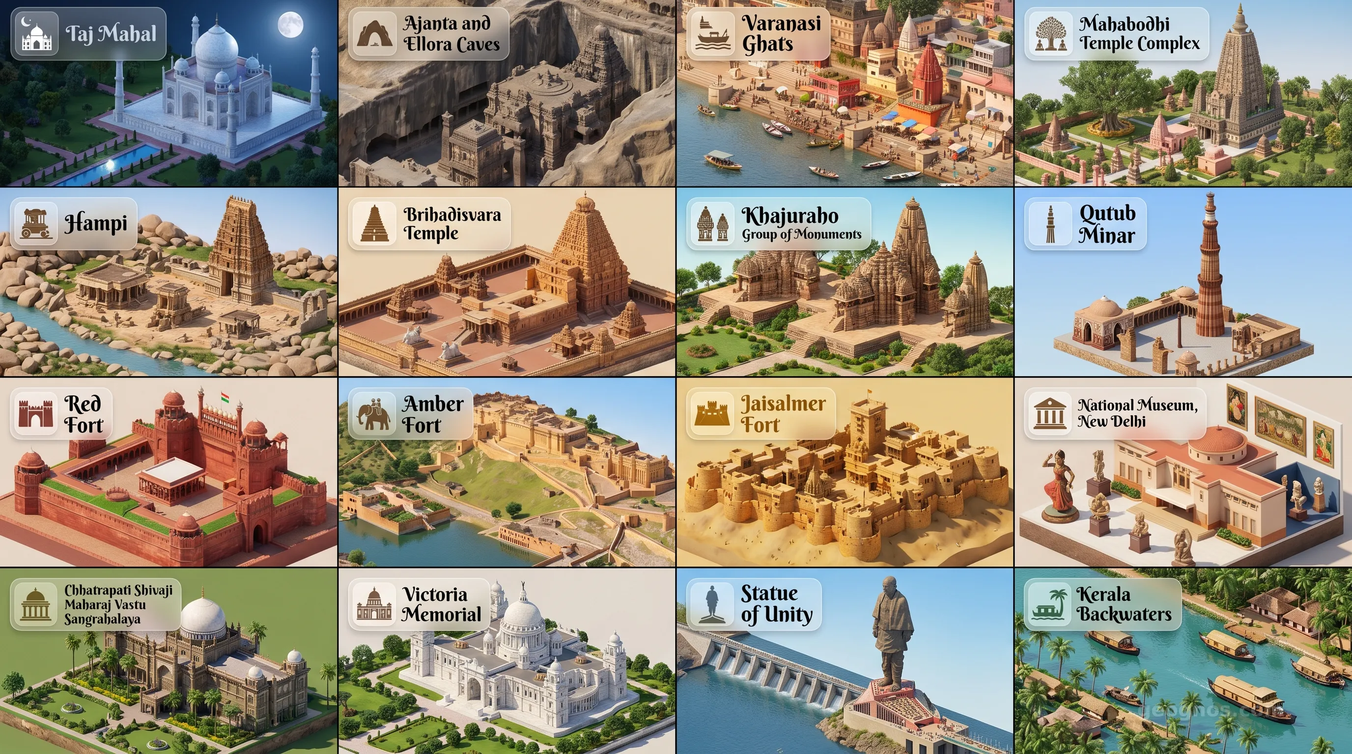 India - Panoramic Places of Interest Atlas including Taj Mahal, Ajanta and Ellora Caves, Varanasi Ghats, Mahabodhi Temple Complex, Hampi, Brihadisvara Temple, Khajuraho Group of Monuments, Qutub Minar, Red Fort, Amber Fort, Jaisalmer Fort, National Museum, New Delhi, Chhatrapati Shivaji Maharaj Vastu Sangrahalaya, Victoria Memorial, Statue of Unity, Kerala Backwaters