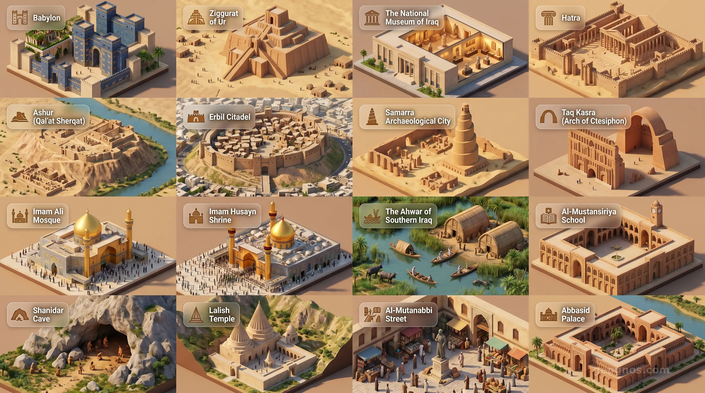 Iraq - Panoramic Places of Interest Atlas including Babylon, Ziggurat of Ur, The National Museum of Iraq, Hatra, Ashur (Qal'at Sherqat), Erbil Citadel, Samarra Archaeological City, Taq Kasra (Arch of Ctesiphon), Imam Ali Mosque, Imam Husayn Shrine, The Ahwar of Southern Iraq (Mesopotamian Marshes), Al-Mustansiriya School, Shanidar Cave, Lalish Temple, Al-Mutanabbi Street, Abbasid Palace