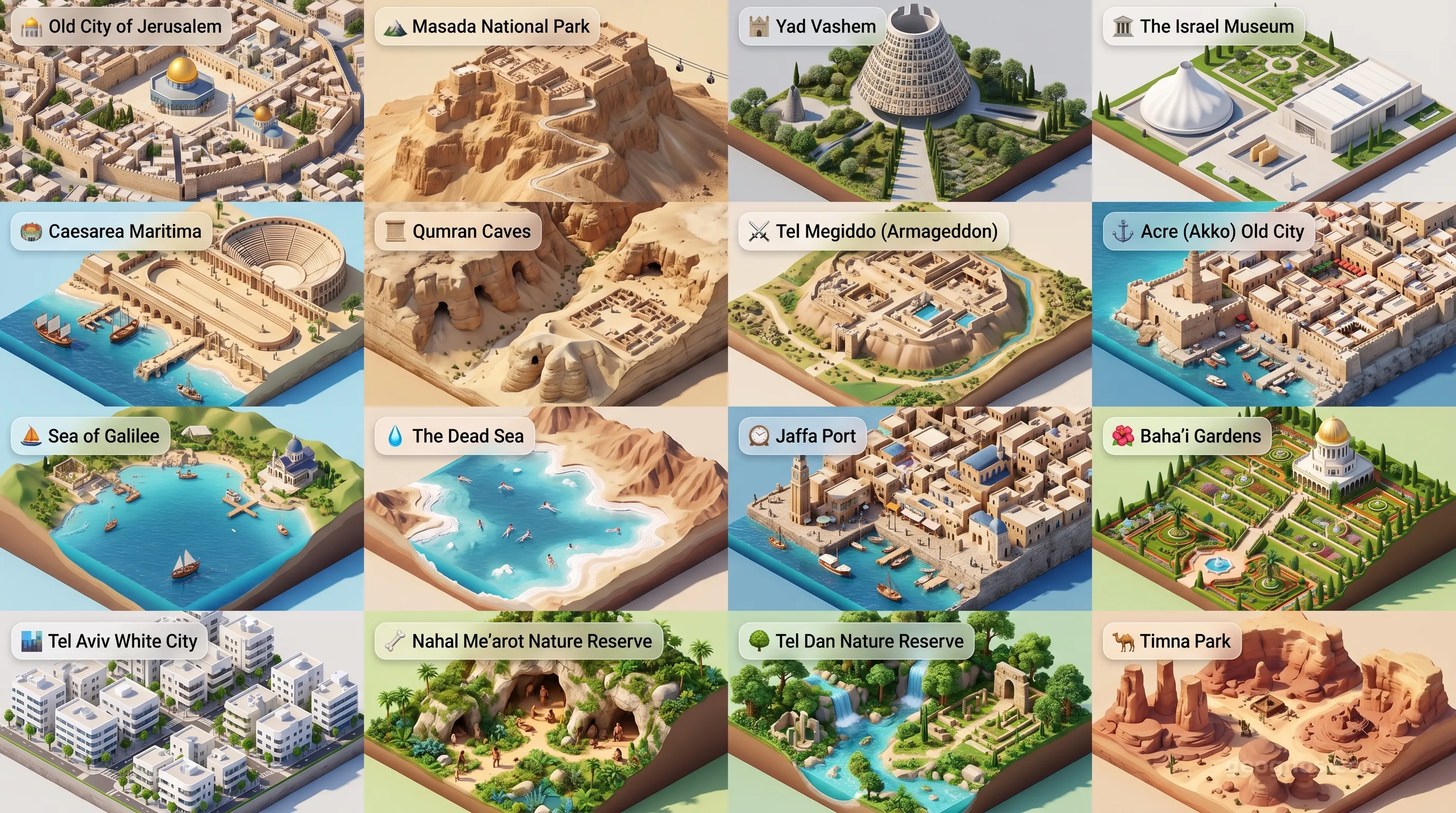 Israel - Panoramic Places of Interest Atlas including Old City of Jerusalem, Masada National Park, Yad Vashem, The Israel Museum, Caesarea Maritima, Qumran Caves, Tel Megiddo (Armageddon), Acre (Akko) Old City, Sea of Galilee, The Dead Sea, Jaffa Port, Baha'i Gardens, Tel Aviv White City, Nahal Me'arot Nature Reserve (Mount Carmel Caves), Tel Dan Nature Reserve, Timna Park