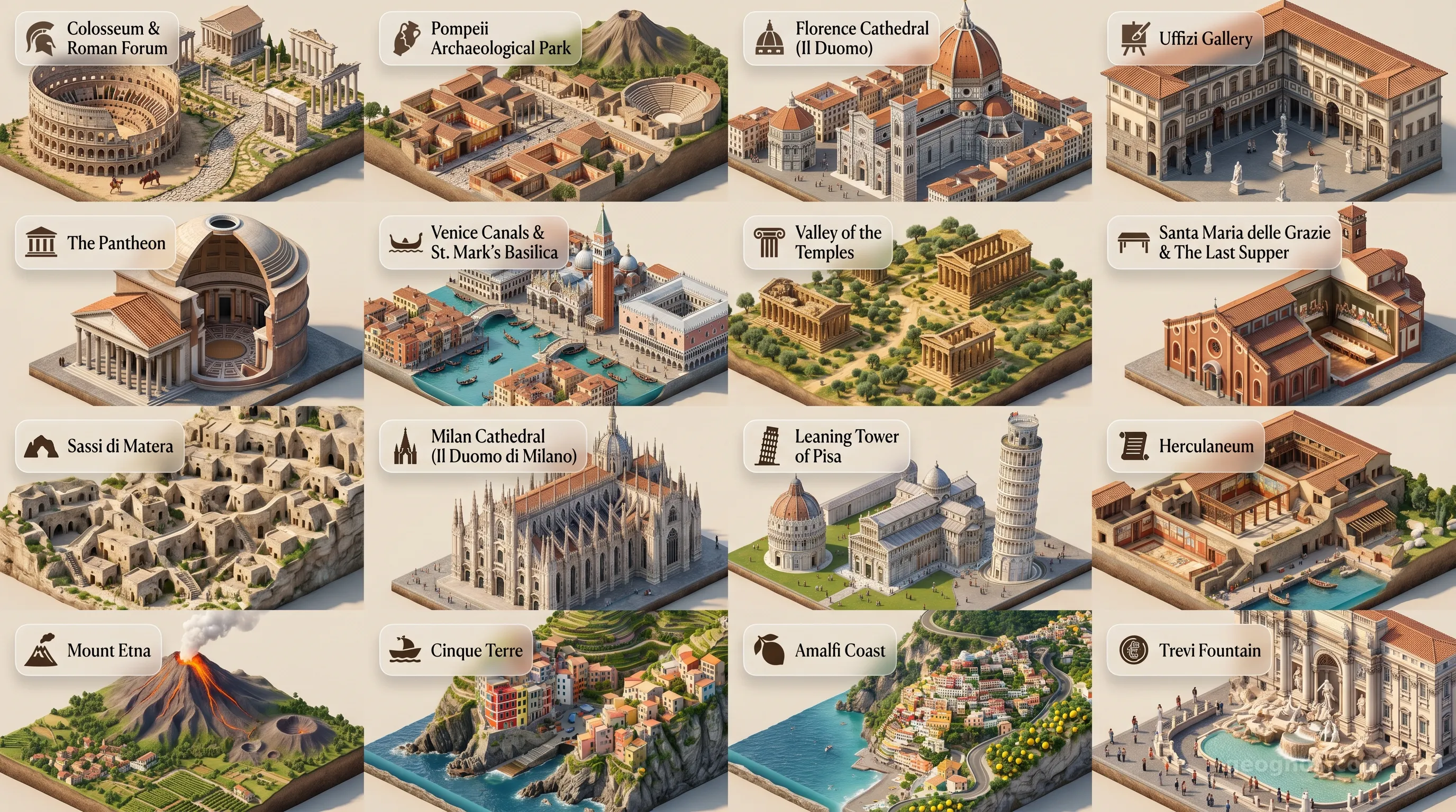 Italy - Panoramic Places of Interest Atlas including The Colosseum & Roman Forum, Pompeii Archaeological Park, Florence Cathedral (Il Duomo), Uffizi Gallery, The Pantheon, Venice Canals & St. Mark's Basilica, Valley of the Temples, Santa Maria delle Grazie & The Last Supper, Sassi di Matera, Milan Cathedral (Il Duomo di Milano), Leaning Tower of Pisa, Herculaneum, Mount Etna, Cinque Terre, Amalfi Coast, Trevi Fountain