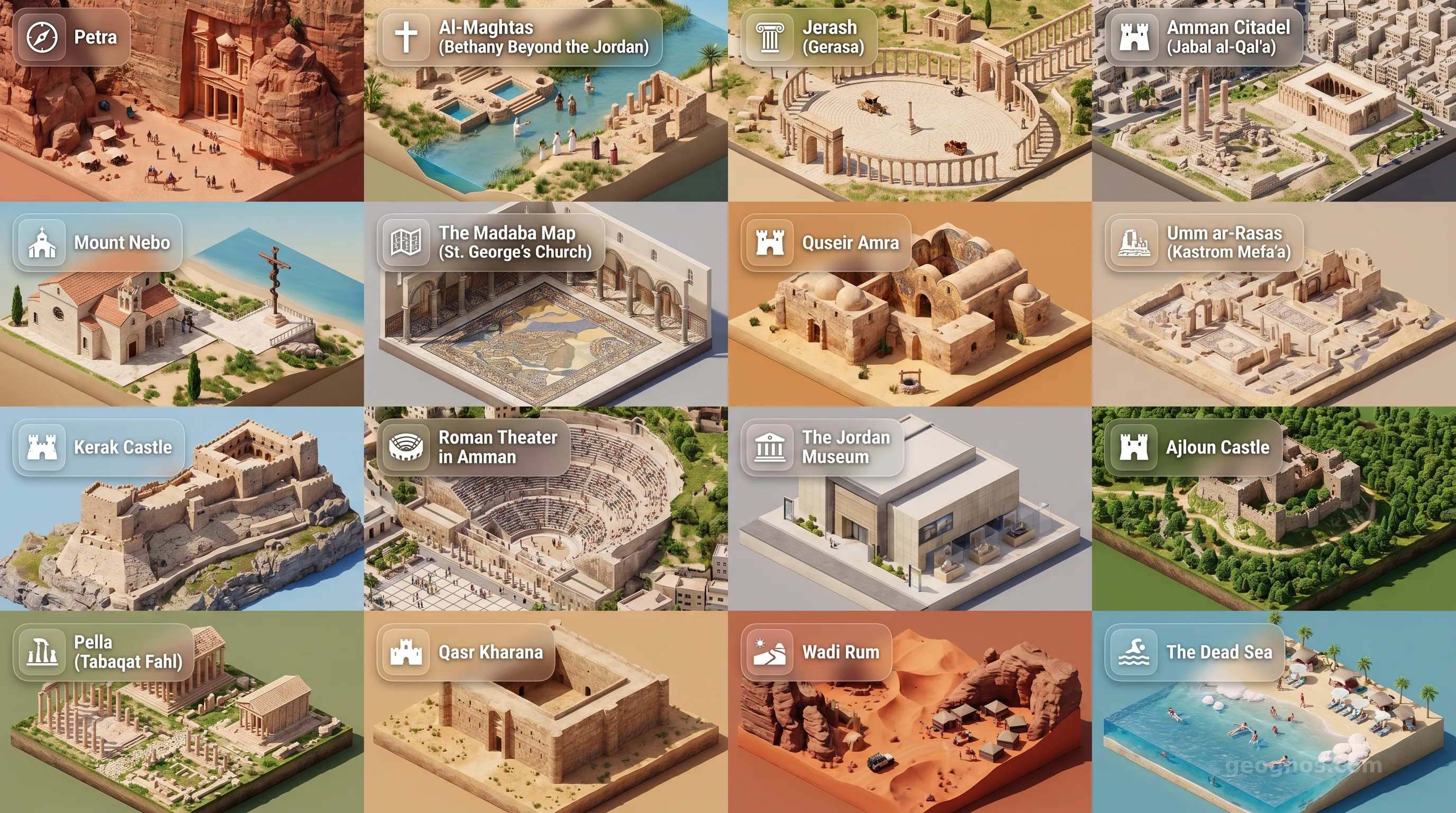 Jordan - Panoramic Places of Interest Atlas including Petra, Al-Maghtas (Bethany Beyond the Jordan), Jerash (Gerasa), Amman Citadel (Jabal al-Qal'a), Mount Nebo, The Madaba Map (St. George's Church), Quseir Amra, Umm ar-Rasas (Kastrom Mefa'a), Kerak Castle, Roman Theater in Amman, The Jordan Museum, Ajloun Castle, Pella (Tabaqat Fahl), Qasr Kharana, Wadi Rum, The Dead Sea