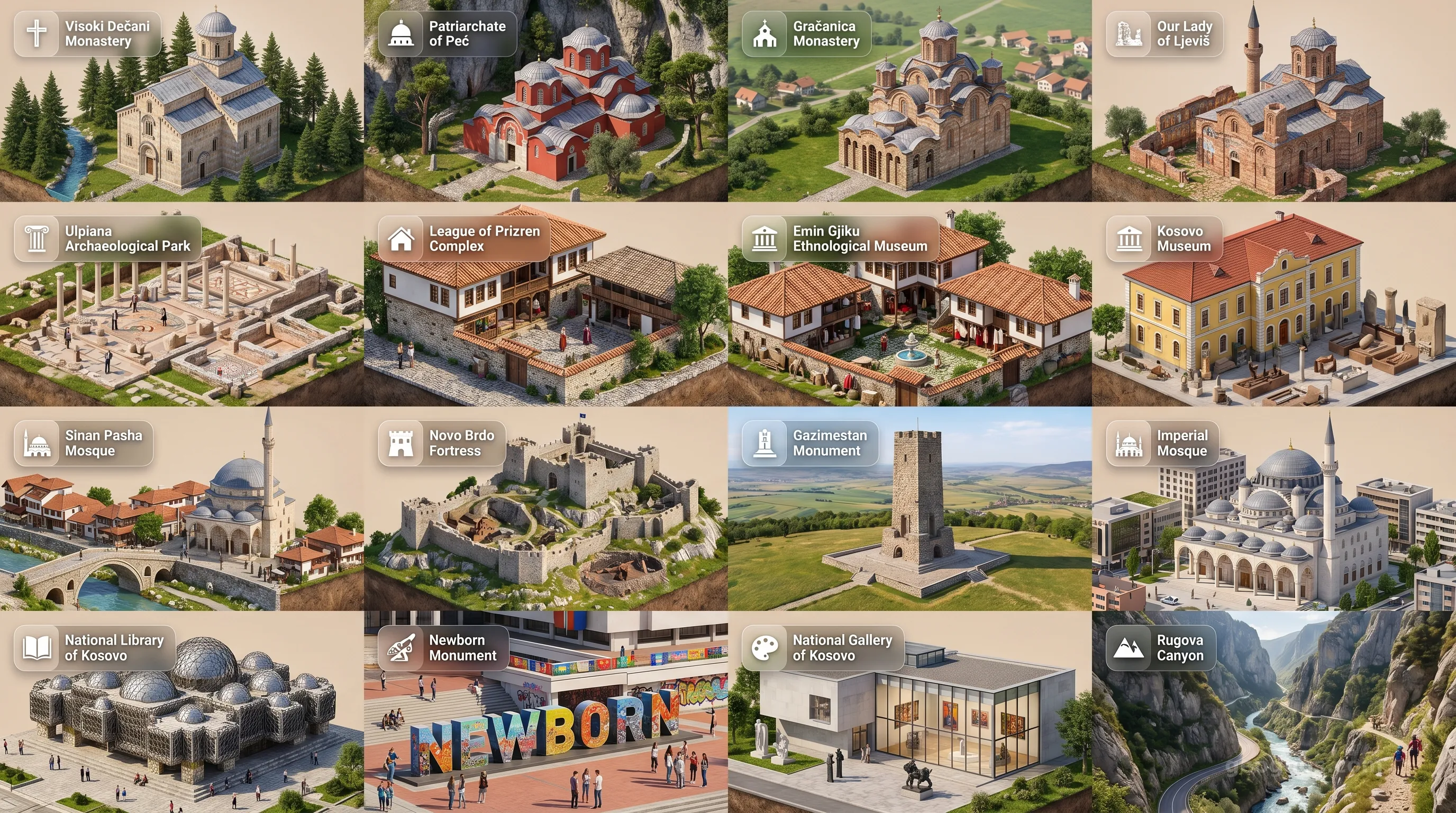 Kosovo - Panoramic Places of Interest Atlas including Visoki Dečani Monastery, Patriarchate of Peć, Gračanica Monastery, Our Lady of Ljeviš, Ulpiana Archaeological Park, League of Prizren Complex, Emin Gjiku Ethnological Museum, Kosovo Museum, Sinan Pasha Mosque, Novo Brdo Fortress, Gazimestan Monument, Imperial Mosque (Xhamia e Mbretit), National Library of Kosovo, Newborn Monument, National Gallery of Kosovo, Rugova Canyon