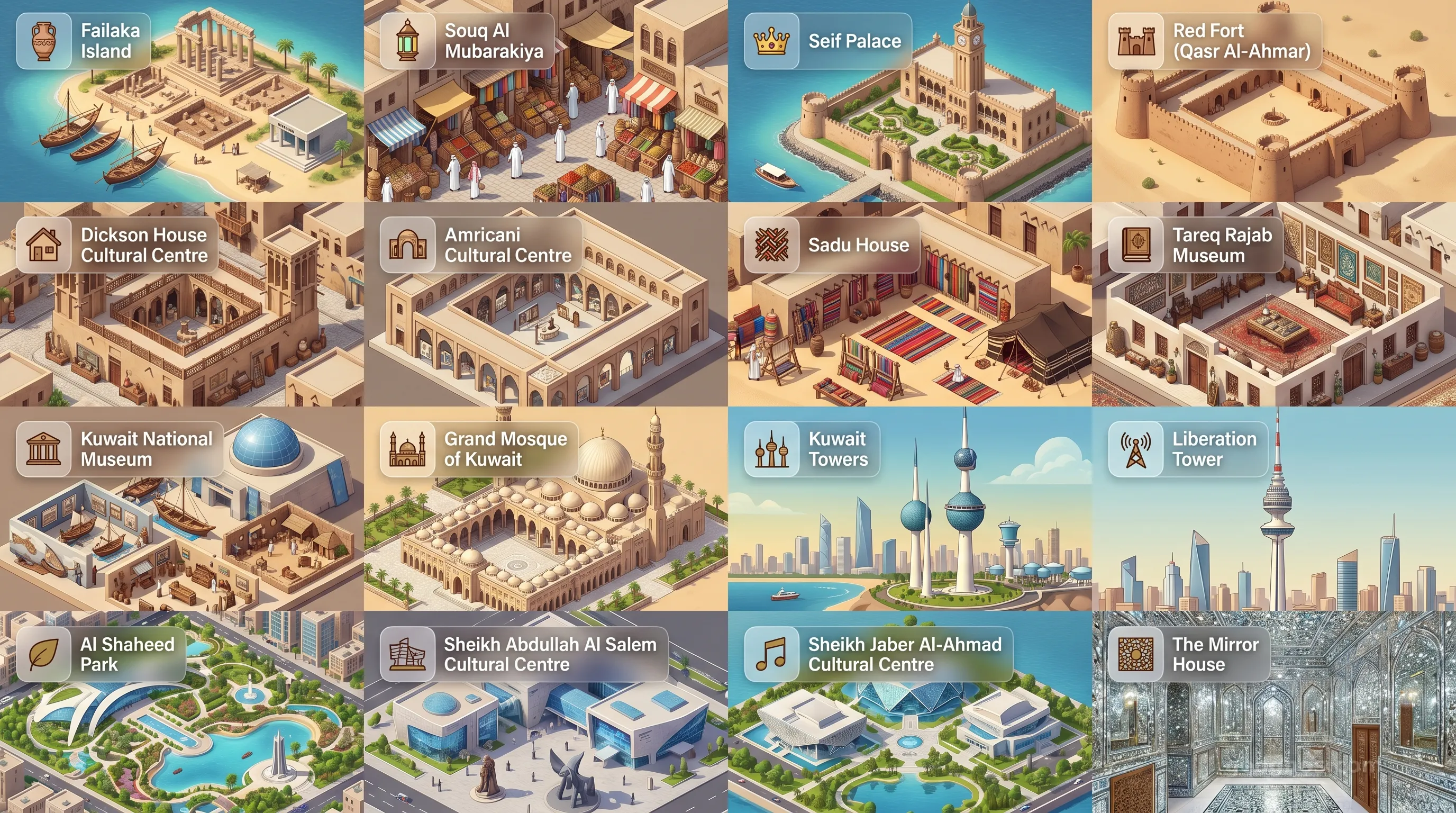 Kuwait - Panoramic Places of Interest Atlas including Failaka Island, Souq Al Mubarakiya, Seif Palace, Red Fort (Qasr Al-Ahmar), Dickson House Cultural Centre, Amricani Cultural Centre, Sadu House, Tareq Rajab Museum, Kuwait National Museum, Grand Mosque of Kuwait, Kuwait Towers, Liberation Tower, Al Shaheed Park, Sheikh Abdullah Al Salem Cultural Centre, Sheikh Jaber Al-Ahmad Cultural Centre, The Mirror House