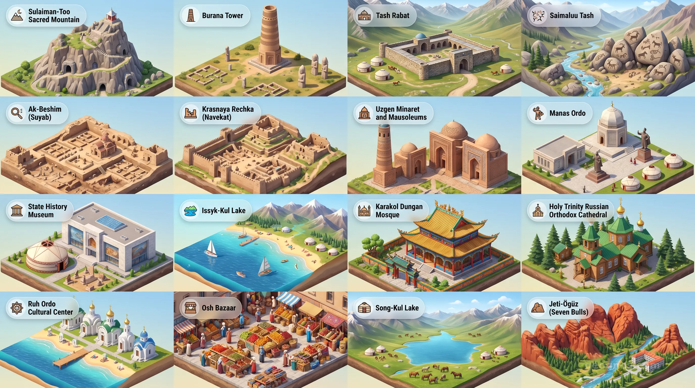 Kyrgyzstan - Panoramic Places of Interest Atlas including Sulaiman-Too Sacred Mountain, Burana Tower, Tash Rabat, Saimaluu Tash, Ak-Beshim (Suyab), Krasnaya Rechka (Navekat), Uzgen Minaret and Mausoleums, Manas Ordo, State History Museum, Issyk-Kul Lake, Karakol Dungan Mosque, Holy Trinity Russian Orthodox Cathedral, Ruh Ordo Cultural Center, Osh Bazaar, Song-Kul Lake, Jeti-Ögüz (Seven Bulls)