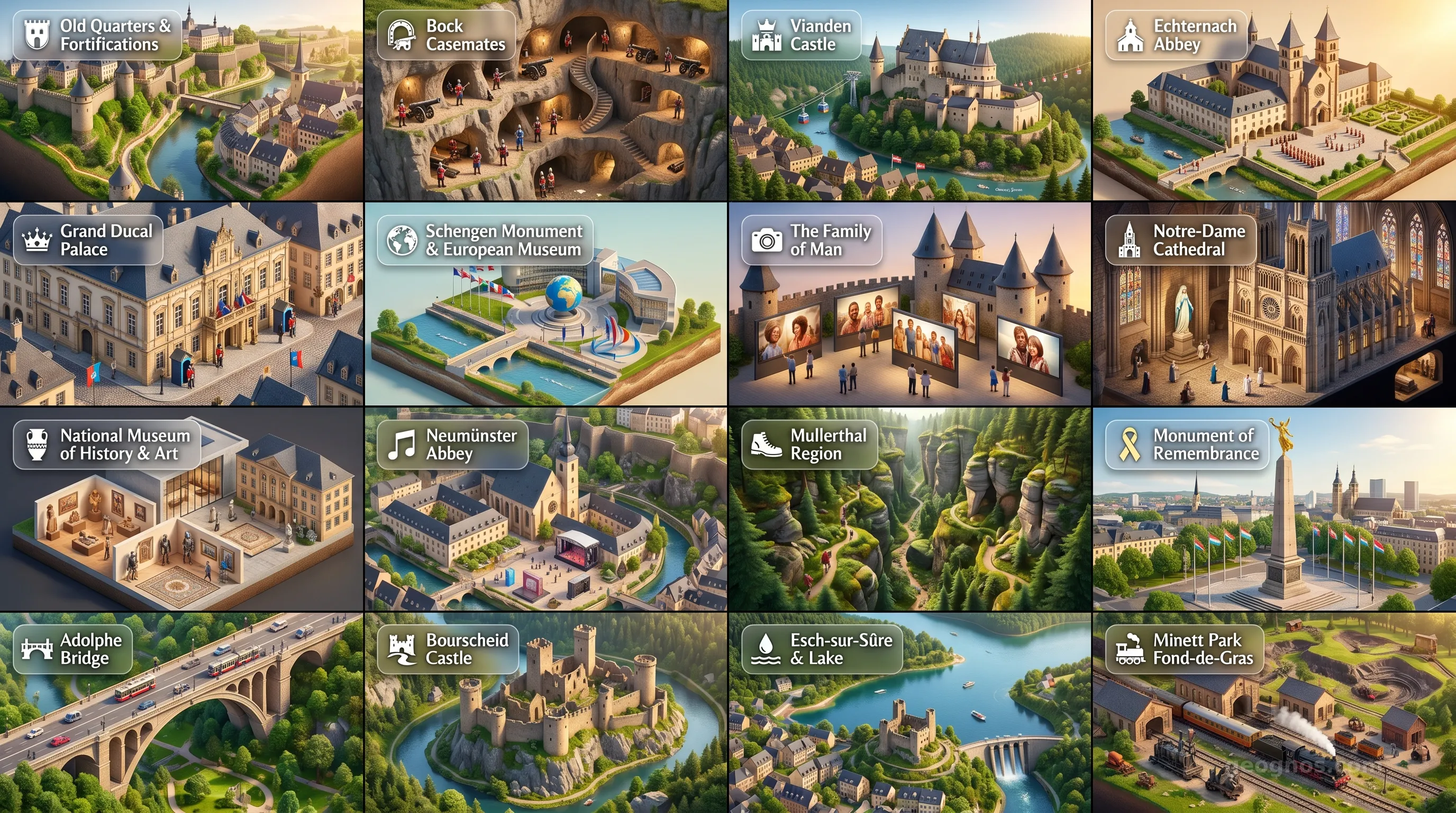 Luxembourg - Panoramic Places of Interest Atlas including Old Quarters and Fortifications of Luxembourg City, Bock Casemates, Vianden Castle, Echternach Abbey, Grand Ducal Palace, Schengen Monument and European Museum, The Family of Man (Clervaux Castle), Notre-Dame Cathedral, National Museum of History and Art (MNHA), Neumünster Abbey, Mullerthal Region, Monument of Remembrance (Gëlle Fra), Adolphe Bridge, Bourscheid Castle, Esch-sur-Sûre and Upper Sûre Lake, Minett Park Fond-de-Gras