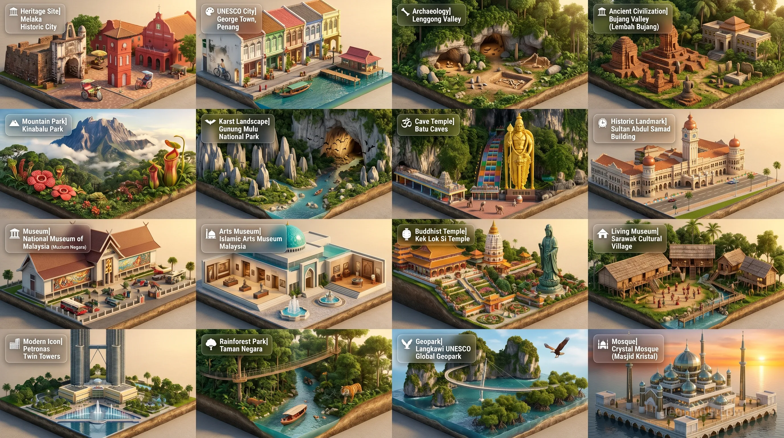 Malaysia - Panoramic Places of Interest Atlas including Melaka Historic City, George Town, Penang, Lenggong Valley, Bujang Valley (Lembah Bujang), Kinabalu Park, Gunung Mulu National Park, Batu Caves, Sultan Abdul Samad Building, National Museum of Malaysia (Muzium Negara), Islamic Arts Museum Malaysia, Kek Lok Si Temple, Sarawak Cultural Village, Petronas Twin Towers, Taman Negara, Langkawi UNESCO Global Geopark, Crystal Mosque (Masjid Kristal)