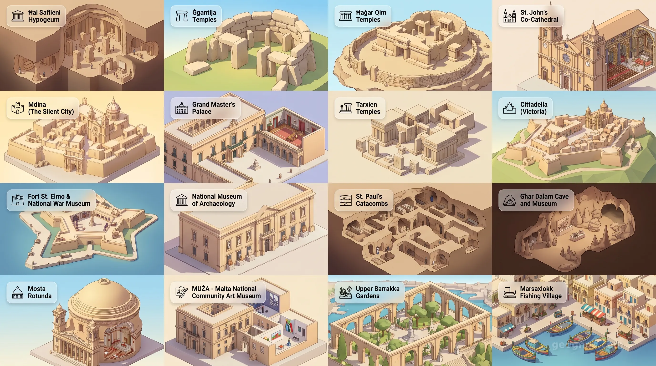 Malta - Panoramic Places of Interest Atlas including Ħal Saflieni Hypogeum, Ġgantija Temples, Ħaġar Qim Temples, St. John's Co-Cathedral, Mdina (The Silent City), Grand Master's Palace, Tarxien Temples, Cittadella (Victoria), Fort St. Elmo & National War Museum, National Museum of Archaeology, St. Paul's Catacombs, Għar Dalam Cave and Museum, Mosta Rotunda, MUŻA - Malta National Community Art Museum, Upper Barrakka Gardens, Marsaxlokk Fishing Village