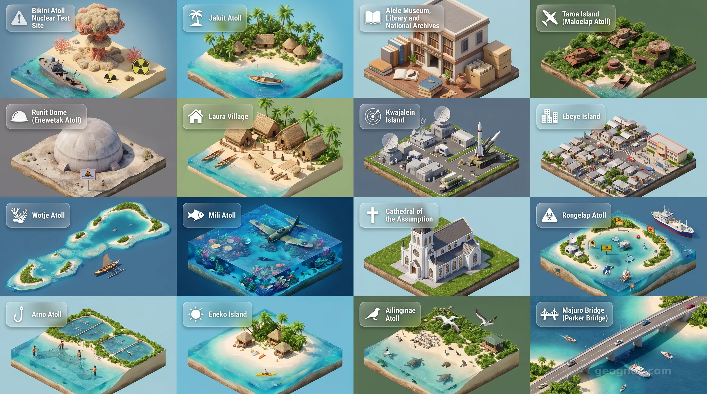 Marshall Islands - Panoramic Places of Interest Atlas including Bikini Atoll Nuclear Test Site, Jaluit Atoll, Alele Museum, Library and National Archives, Taroa Island (Maloelap Atoll), Runit Dome (Enewetak Atoll), Laura Village, Kwajalein Island, Ebeye Island, Wotje Atoll, Mili Atoll, Cathedral of the Assumption, Rongelap Atoll, Arno Atoll, Eneko Island, Ailinginae Atoll, Majuro Bridge (Parker Bridge)