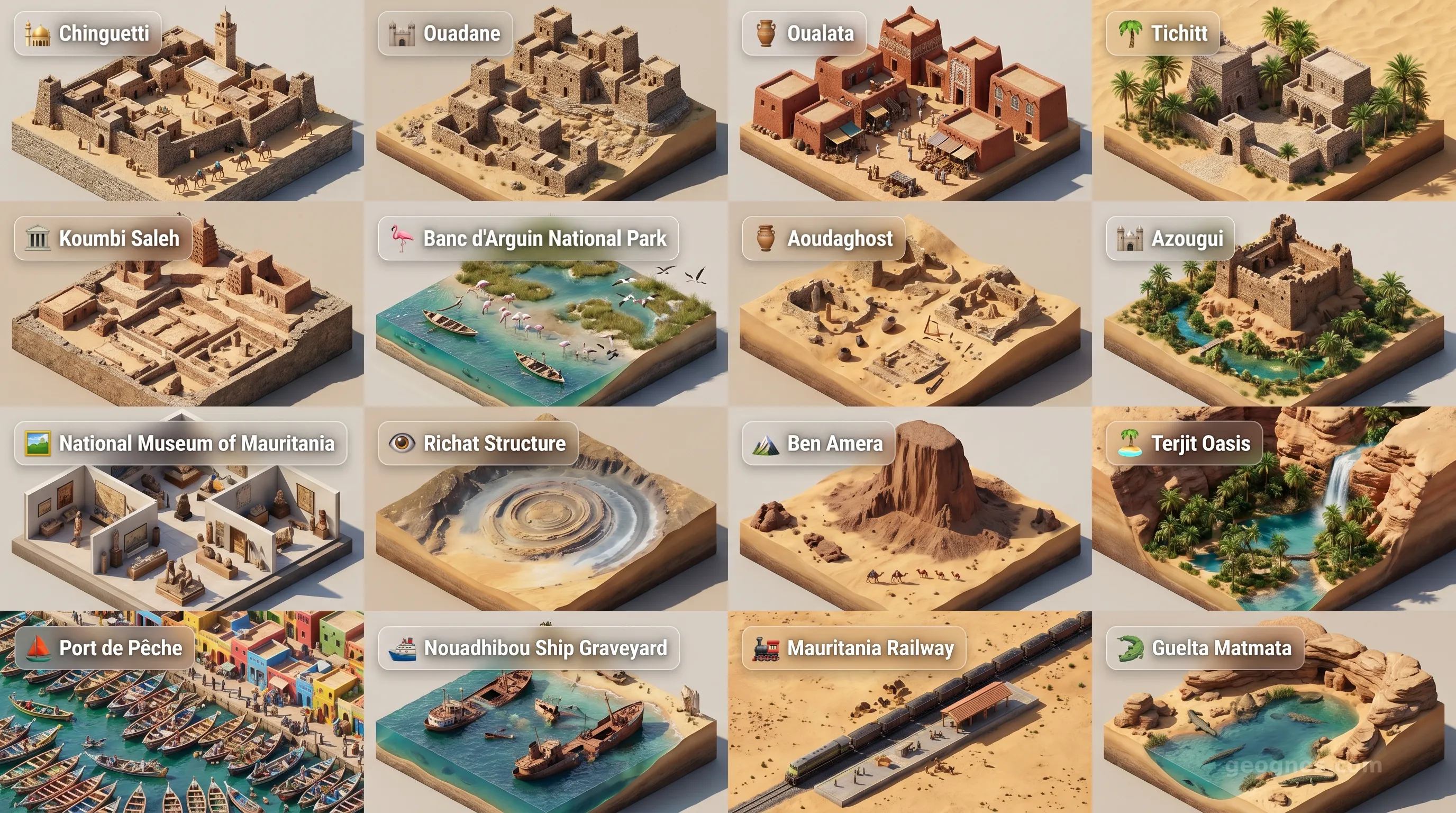 Mauritania - Panoramic Places of Interest Atlas including Chinguetti, Ouadane, Oualata, Tichitt, Koumbi Saleh, Banc d'Arguin National Park, Aoudaghost, Azougui, National Museum of Mauritania, Richat Structure, Ben Amera, Terjit Oasis, Port de Pêche, Nouadhibou Ship Graveyard, Mauritania Railway, Guelta Matmata
