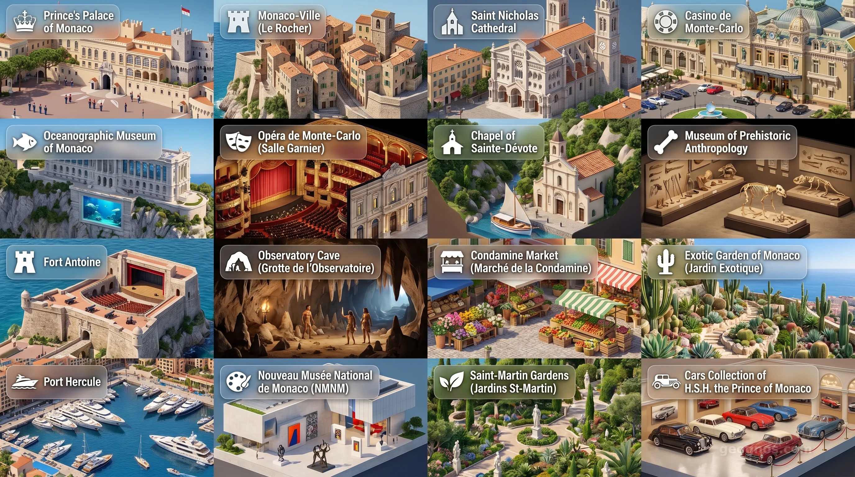 Monaco - Panoramic Places of Interest Atlas including Prince's Palace of Monaco, Monaco-Ville (Le Rocher), Saint Nicholas Cathedral, Casino de Monte-Carlo, Oceanographic Museum of Monaco, Opéra de Monte-Carlo (Salle Garnier), Chapel of Sainte-Dévote, Museum of Prehistoric Anthropology, Fort Antoine, Observatory Cave (Grotte de l'Observatoire), Condamine Market (Marché de la Condamine), Exotic Garden of Monaco (Jardin Exotique), Port Hercule, Nouveau Musée National de Monaco (NMNM), Saint-Martin Gardens (Jardins St-Martin), Cars Collection of H.S.H. the Prince of Monaco