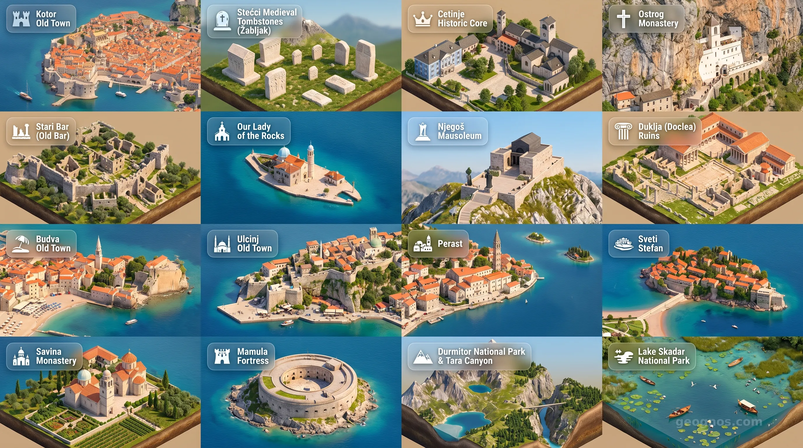Montenegro - Panoramic Places of Interest Atlas including Kotor Old Town, Stećci Medieval Tombstones (Žabljak), Cetinje Historic Core, Ostrog Monastery, Stari Bar (Old Bar), Our Lady of the Rocks, Njegoš Mausoleum, Duklja (Doclea) Ruins, Budva Old Town, Ulcinj Old Town, Perast, Sveti Stefan, Savina Monastery, Mamula Fortress, Durmitor National Park & Tara Canyon, Lake Skadar National Park