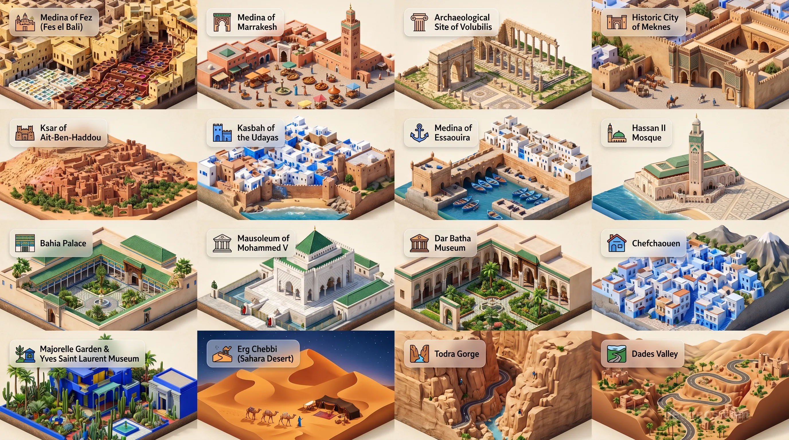Morocco - Panoramic Places of Interest Atlas including Medina of Fez (Fes el Bali), Medina of Marrakesh, Archaeological Site of Volubilis, Historic City of Meknes, Ksar of Ait-Ben-Haddou, Kasbah of the Udayas, Medina of Essaouira, Hassan II Mosque, Bahia Palace, Mausoleum of Mohammed V, Dar Batha Museum, Chefchaouen, Majorelle Garden & Yves Saint Laurent Museum, Erg Chebbi (Sahara Desert), Todra Gorge, Dades Valley