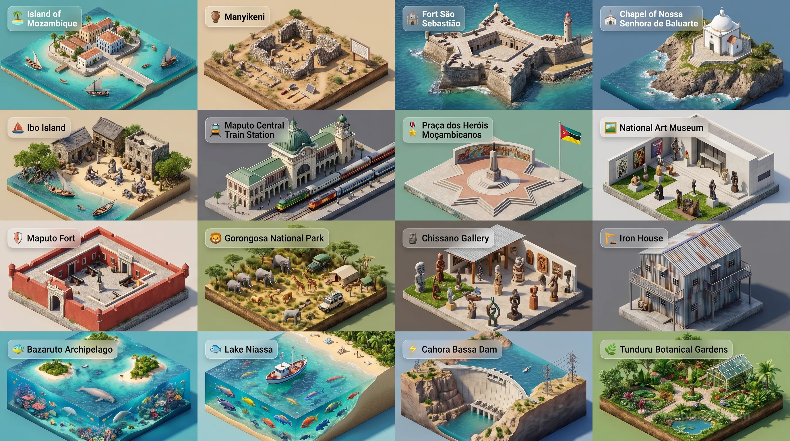 Mozambique - Panoramic Places of Interest Atlas including Island of Mozambique (Ilha de Moçambique), Manyikeni, Fort São Sebastião, Chapel of Nossa Senhora de Baluarte, Ibo Island, Maputo Central Train Station, Praça dos Heróis Moçambicanos, National Art Museum, Maputo Fort (Fortaleza de Nossa Senhora da Conceição), Gorongosa National Park, Chissano Gallery, Iron House (Casa de Ferro), Bazaruto Archipelago, Lake Niassa (Lake Malawi), Cahora Bassa Dam, Tunduru Botanical Gardens