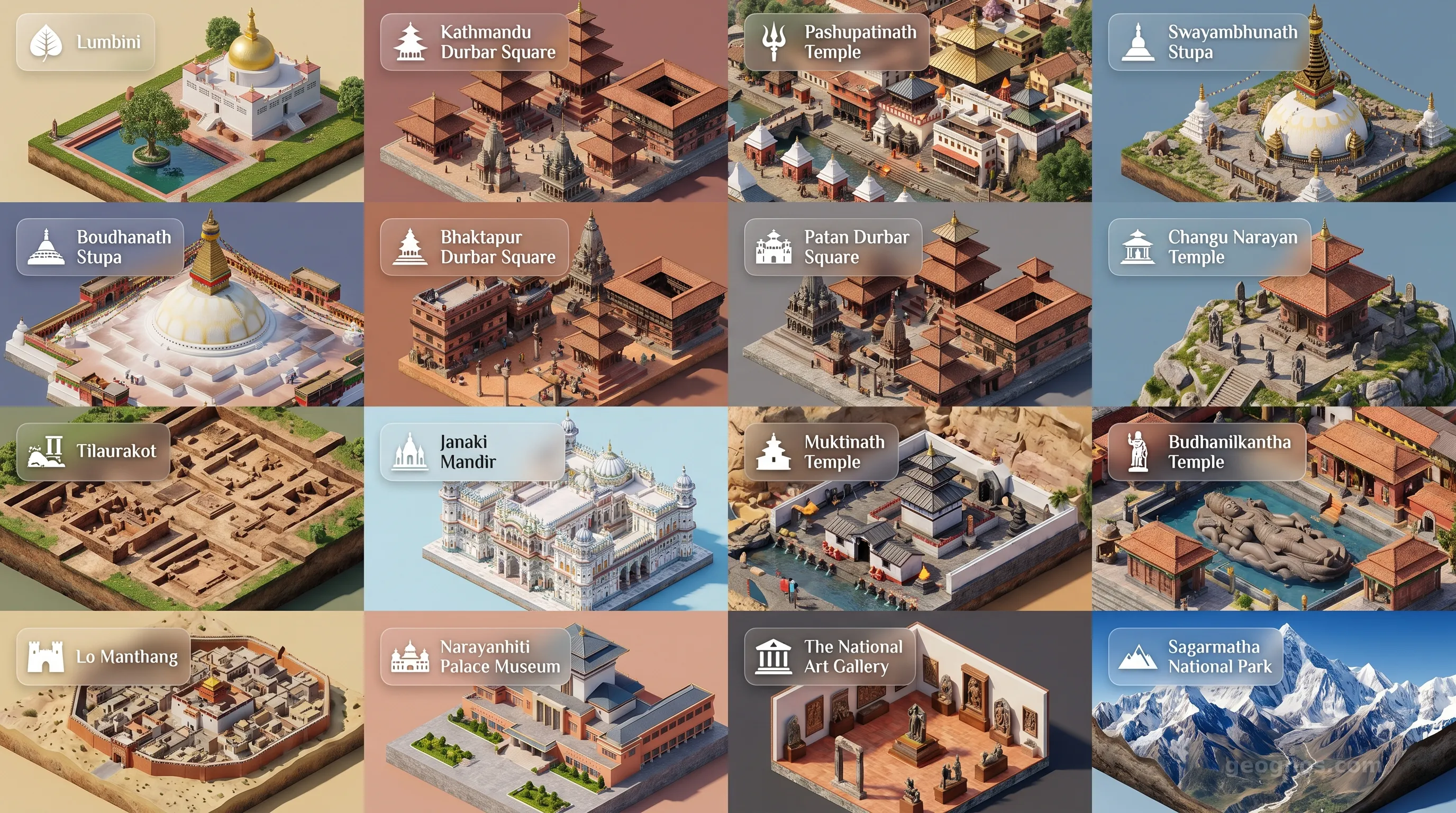 Nepal - Panoramic Places of Interest Atlas including Lumbini, Kathmandu Durbar Square, Pashupatinath Temple, Swayambhunath Stupa, Boudhanath Stupa, Bhaktapur Durbar Square, Patan Durbar Square, Changu Narayan Temple, Tilaurakot, Janaki Mandir, Muktinath Temple, Budhanilkantha Temple, Lo Manthang, Narayanhiti Palace Museum, The National Art Gallery, Sagarmatha National Park