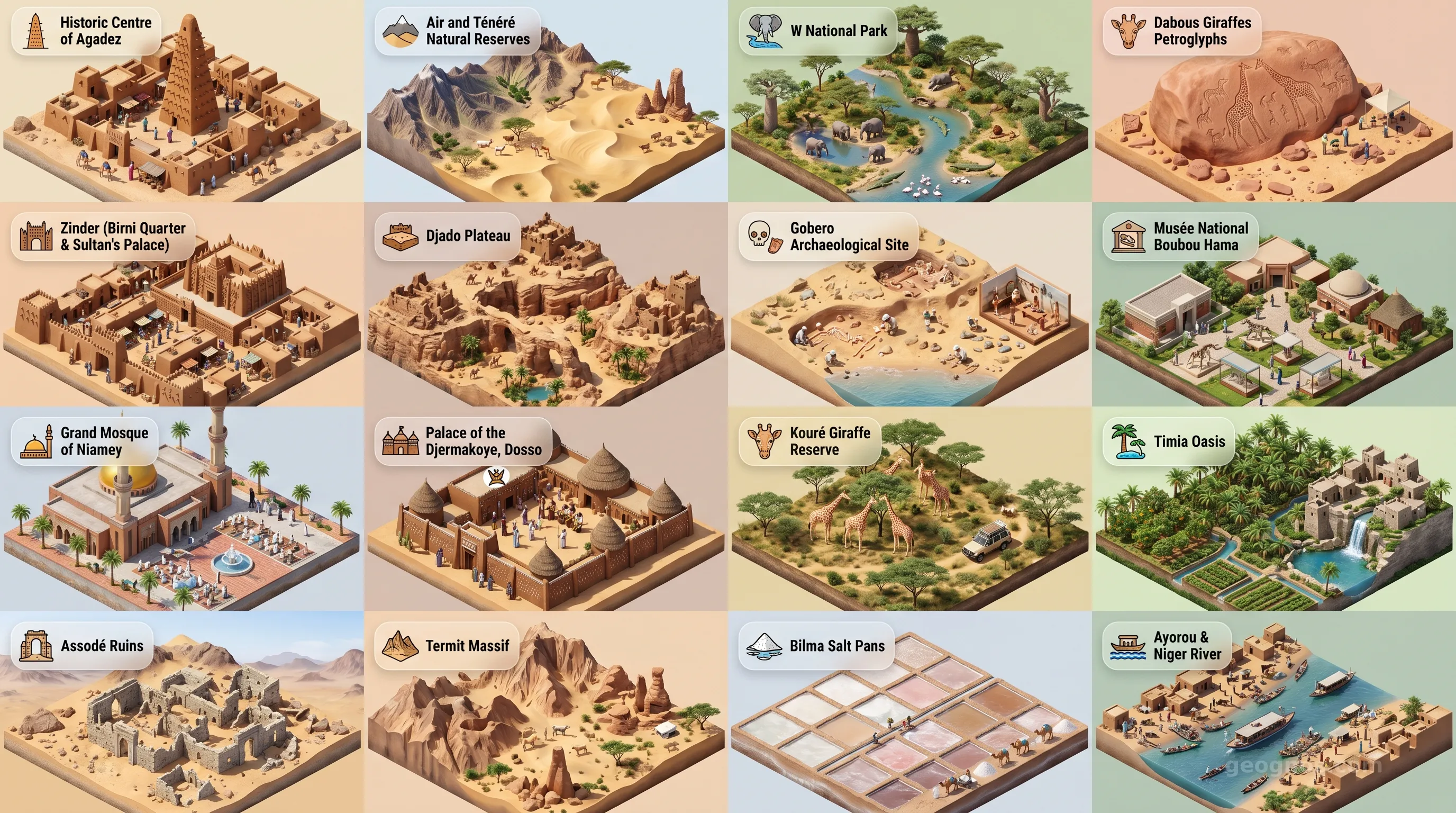 Niger - Panoramic Places of Interest Atlas including Historic Centre of Agadez, Air and Ténéré Natural Reserves, W National Park, Dabous Giraffes Petroglyphs, Zinder (Birni Quarter & Sultan's Palace), Djado Plateau, Gobero Archaeological Site, Musée National Boubou Hama, Grand Mosque of Niamey, Palace of the Djermakoye, Dosso, Kouré Giraffe Reserve, Timia Oasis, Assodé Ruins, Termit Massif, Bilma Salt Pans, Ayorou & Niger River