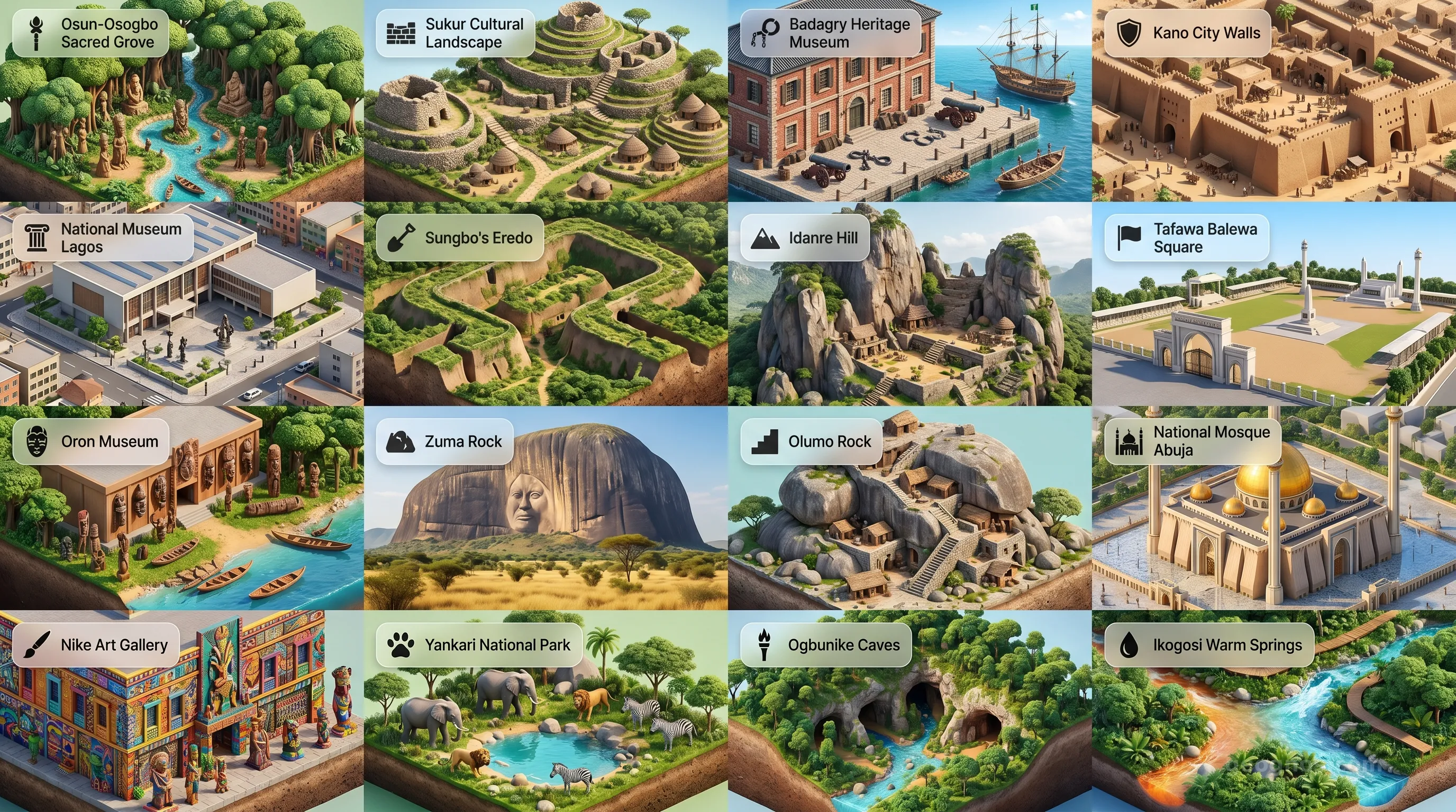 Nigeria - Panoramic Places of Interest Atlas including Osun-Osogbo Sacred Grove, Sukur Cultural Landscape, Badagry Heritage Museum, Kano City Walls, National Museum Lagos, Sungbo's Eredo, Idanre Hill, Tafawa Balewa Square, Oron Museum, Zuma Rock, Olumo Rock, National Mosque Abuja, Nike Art Gallery, Yankari National Park, Ogbunike Caves, Ikogosi Warm Springs