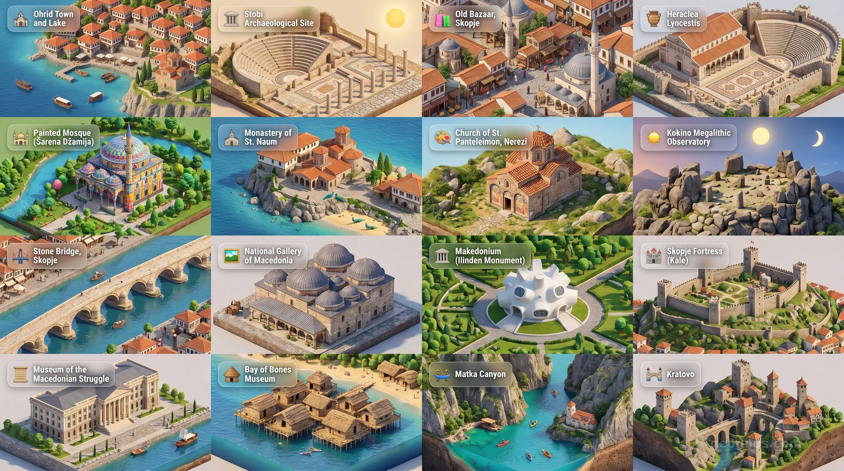 North Macedonia - Panoramic Places of Interest Atlas including Ohrid Town and Lake, Stobi Archaeological Site, Old Bazaar, Skopje, Heraclea Lyncestis, Painted Mosque (Šarena Džamija), Monastery of St. Naum, Church of St. Panteleimon, Nerezi, Kokino Megalithic Observatory, Stone Bridge, Skopje, National Gallery of Macedonia (Daut Pasha Hamam), Makedonium (Ilinden Monument), Skopje Fortress (Kale), Museum of the Macedonian Struggle, Bay of Bones Museum, Matka Canyon, Kratovo