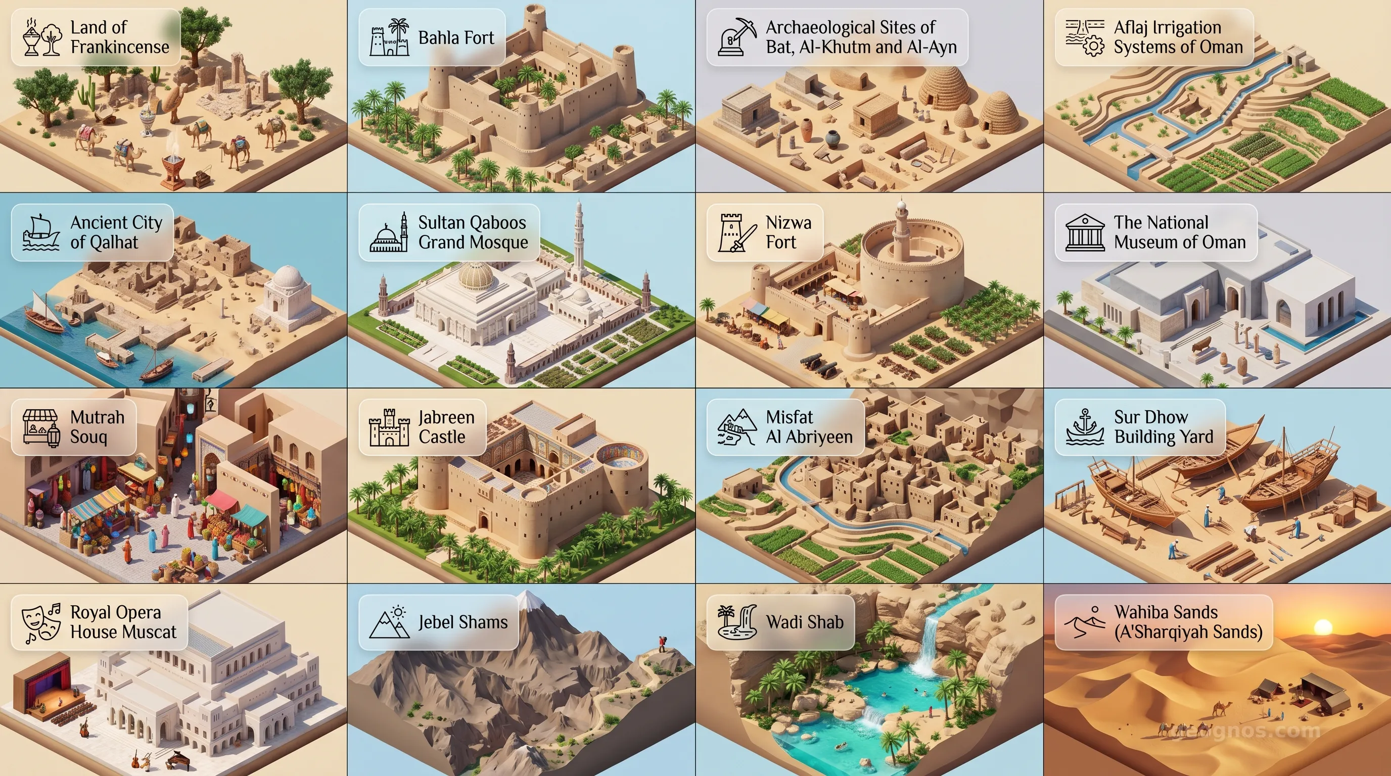 Oman - Panoramic Places of Interest Atlas including Land of Frankincense, Bahla Fort, Archaeological Sites of Bat, Al-Khutm and Al-Ayn, Aflaj Irrigation Systems of Oman, Ancient City of Qalhat, Sultan Qaboos Grand Mosque, Nizwa Fort, The National Museum of Oman, Mutrah Souq, Jabreen Castle, Misfat Al Abriyeen, Sur Dhow Building Yard, Royal Opera House Muscat, Jebel Shams, Wadi Shab, Wahiba Sands (A'Sharqiyah Sands)