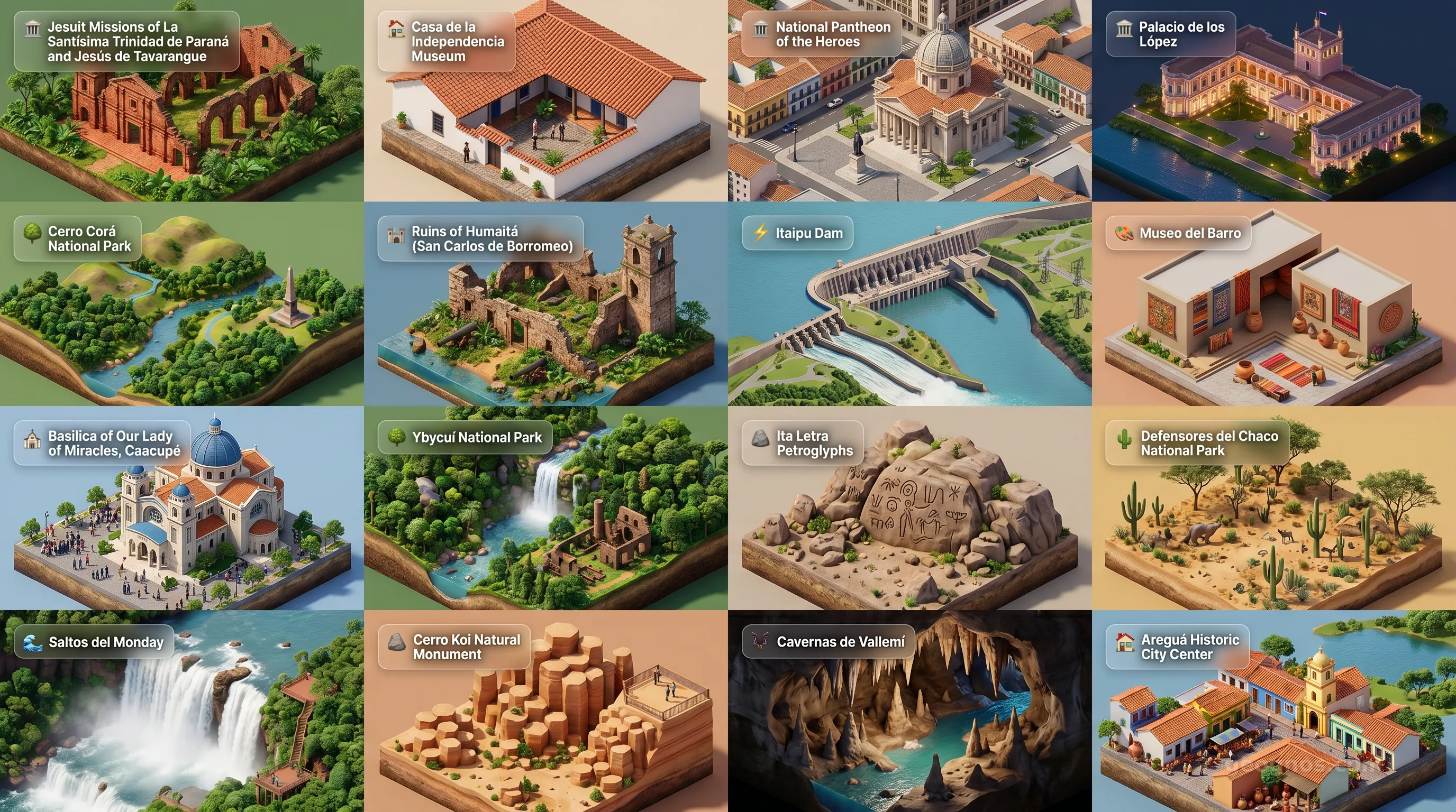 Paraguay - Panoramic Places of Interest Atlas including Jesuit Missions of La Santísima Trinidad de Paraná and Jesús de Tavarangue, Casa de la Independencia Museum, National Pantheon of the Heroes, Palacio de los López, Cerro Corá National Park, Ruins of Humaitá (San Carlos de Borromeo), Itaipu Dam, Museo del Barro, Basilica of Our Lady of Miracles, Caacupé, Ybycuí National Park, Ita Letra Petroglyphs, Defensores del Chaco National Park, Saltos del Monday, Cerro Koi Natural Monument, Cavernas de Vallemí, Areguá Historic City Center
