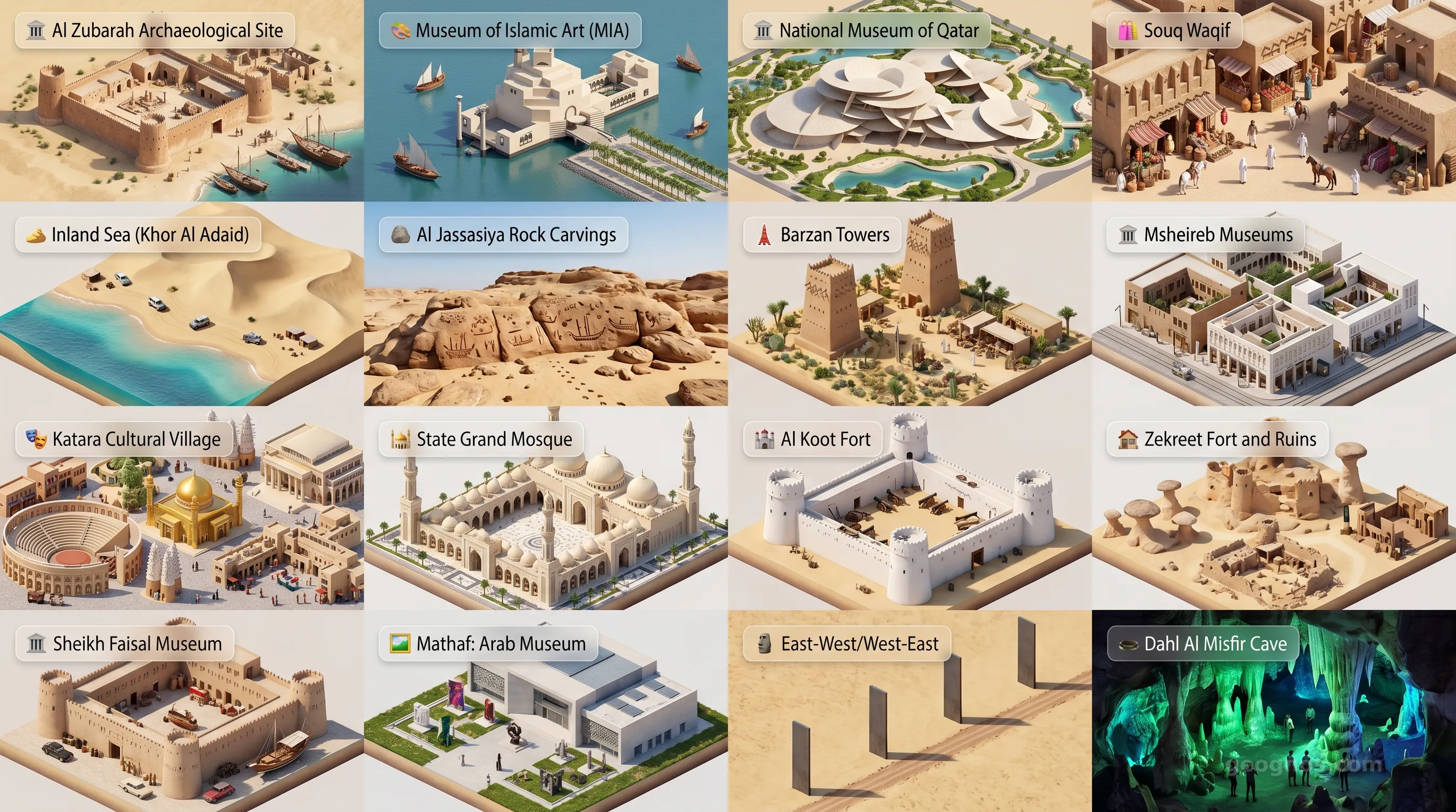 Qatar - Panoramic Places of Interest Atlas including Al Zubarah Archaeological Site, Museum of Islamic Art (MIA), National Museum of Qatar, Souq Waqif, Inland Sea (Khor Al Adaid), Al Jassasiya Rock Carvings, Barzan Towers, Msheireb Museums, Katara Cultural Village, State Grand Mosque (Imam Muhammad ibn Abd al-Wahhab Mosque), Al Koot Fort, Zekreet Fort and Ruins, Sheikh Faisal Bin Qassim Al Thani Museum, Mathaf: Arab Museum of Modern Art, East-West/West-East by Richard Serra, Dahl Al Misfir Cave