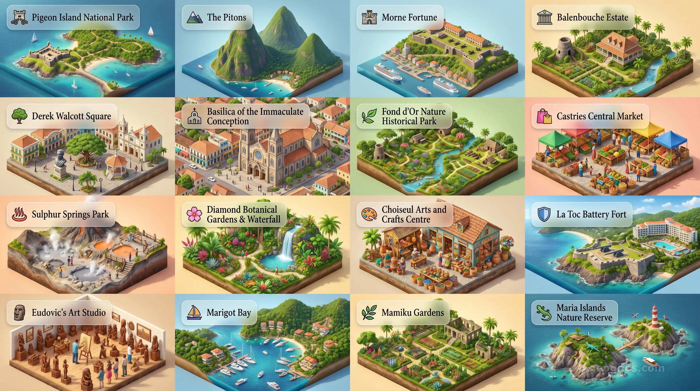 Saint Lucia - Panoramic Places of Interest Atlas including Pigeon Island National Park, The Pitons, Morne Fortune, Balenbouche Estate, Derek Walcott Square, Basilica of the Immaculate Conception, Fond d'Or Nature Historical Park, Castries Central Market, Sulphur Springs Park, Diamond Botanical Gardens & Waterfall, Choiseul Arts and Crafts Centre, La Toc Battery Fort, Eudovic's Art Studio, Marigot Bay, Mamiku Gardens, Maria Islands Nature Reserve