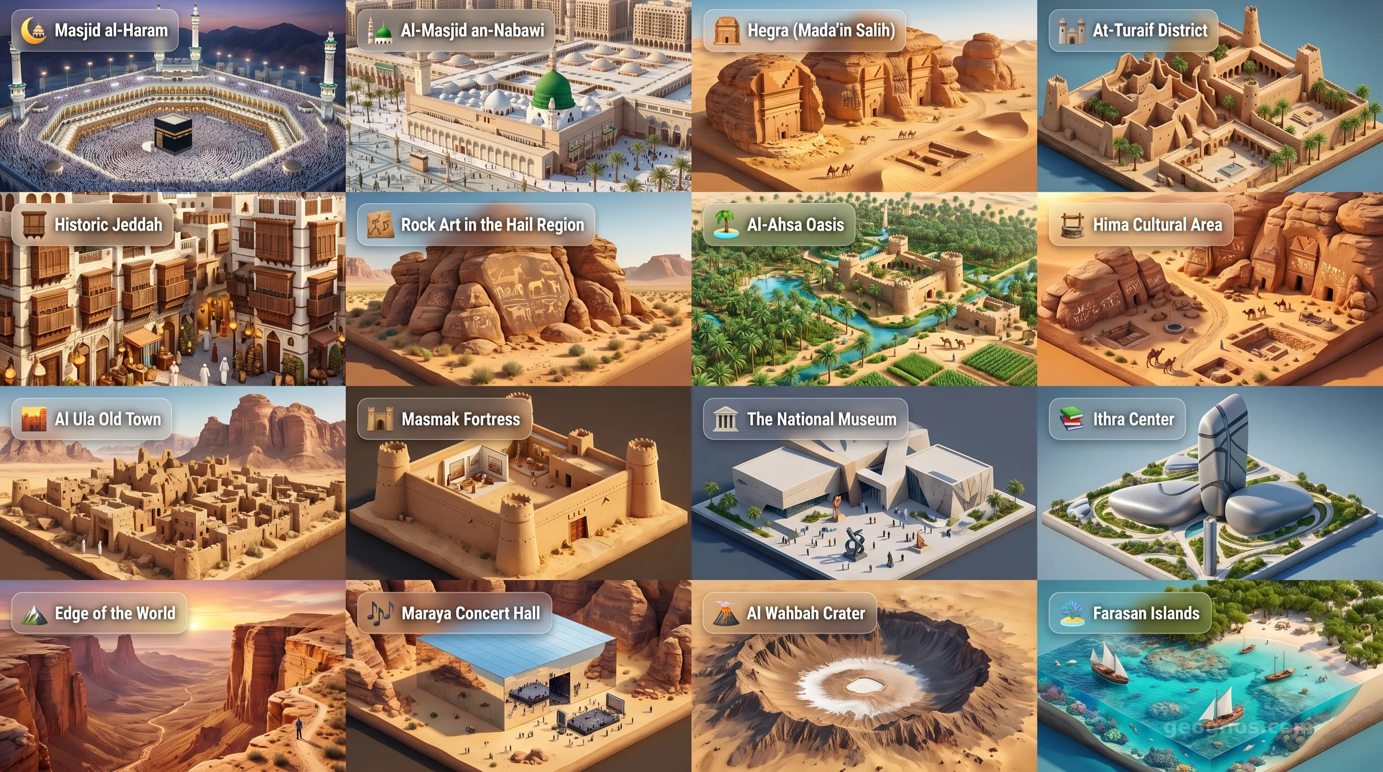 Saudi Arabia - Panoramic Places of Interest Atlas including Masjid al-Haram (Great Mosque of Mecca), Al-Masjid an-Nabawi (The Prophet's Mosque), Hegra (Mada'in Salih), At-Turaif District in ad-Dir'iyah, Historic Jeddah (Al-Balad), Rock Art in the Hail Region, Al-Ahsa Oasis, Hima Cultural Area, Al Ula Old Town, Masmak Fortress, The National Museum of Saudi Arabia, King Abdulaziz Center for World Culture (Ithra), Edge of the World (Jebel Fihrayn), Maraya Concert Hall, Al Wahbah Crater, Farasan Islands