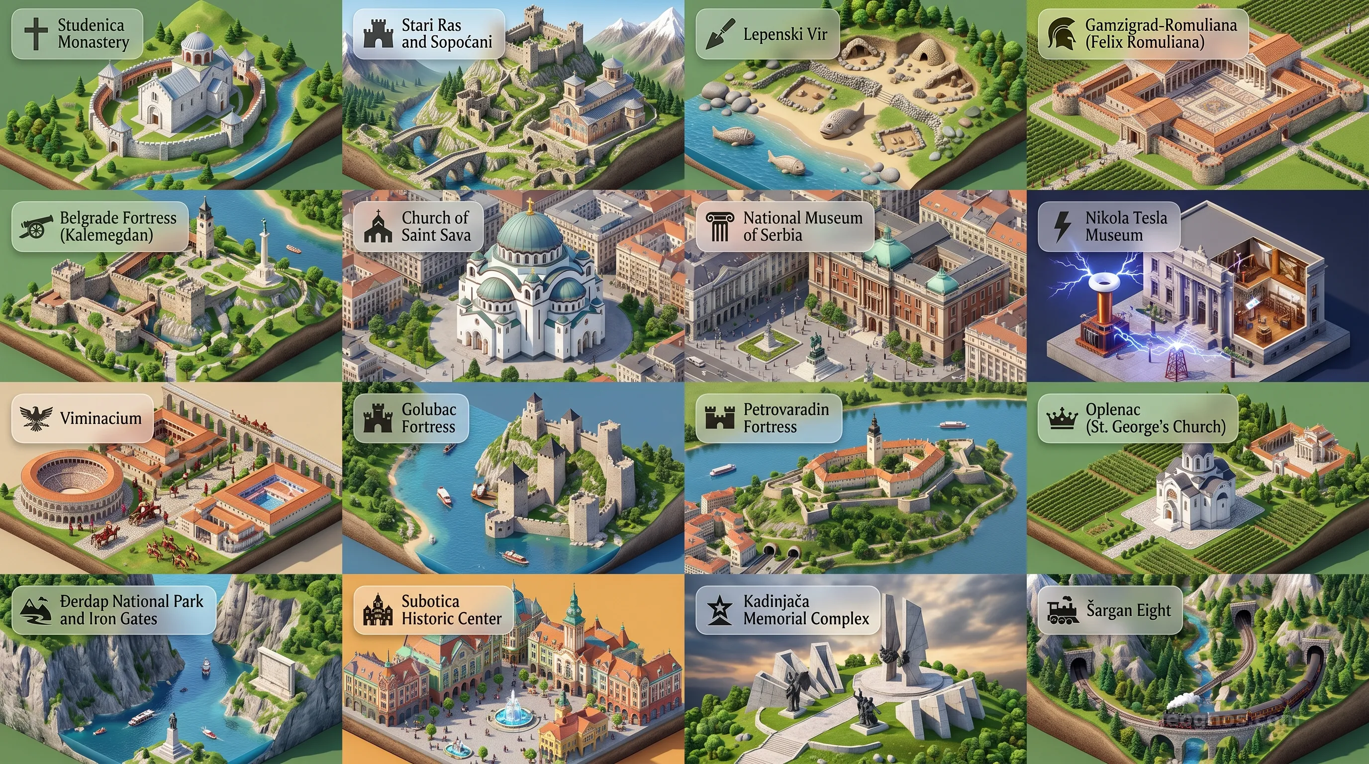 Serbia - Panoramic Places of Interest Atlas including Studenica Monastery, Stari Ras and Sopoćani, Lepenski Vir, Gamzigrad-Romuliana (Felix Romuliana), Belgrade Fortress (Kalemegdan), Church of Saint Sava, National Museum of Serbia, Nikola Tesla Museum, Viminacium, Golubac Fortress, Petrovaradin Fortress, Oplenac (St. George's Church), Đerdap National Park and Iron Gates, Subotica Historic Center, Kadinjača Memorial Complex, Šargan Eight