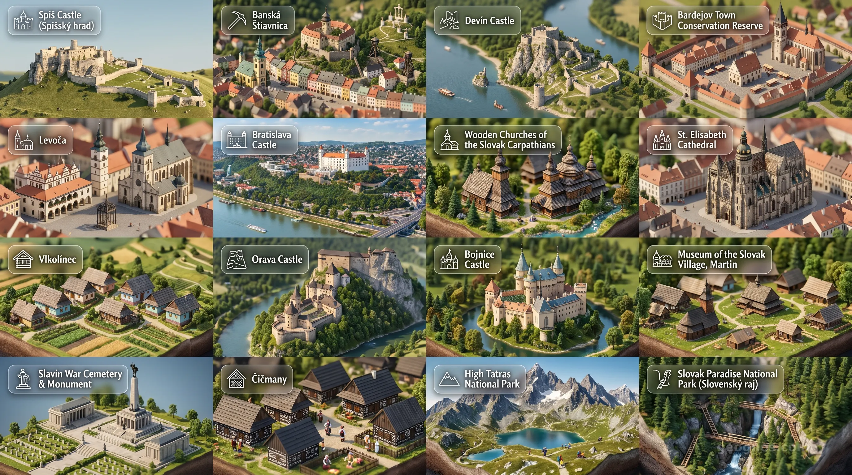 Slovakia - Panoramic Places of Interest Atlas including Spiš Castle (Spišský hrad), Banská Štiavnica, Devín Castle, Bardejov Town Conservation Reserve, Levoča, Bratislava Castle, Wooden Churches of the Slovak Carpathians, St. Elisabeth Cathedral, Vlkolínec, Orava Castle, Bojnice Castle, Museum of the Slovak Village, Martin, Slavín War Cemetery & Monument, Čičmany, High Tatras National Park, Slovak Paradise National Park (Slovenský raj)