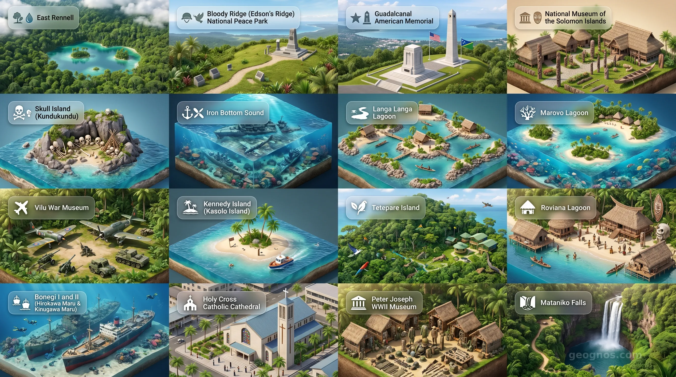 Solomon Islands - Panoramic Places of Interest Atlas including East Rennell, Bloody Ridge (Edson's Ridge) National Peace Park, Guadalcanal American Memorial, National Museum of the Solomon Islands, Skull Island (Kundukundu), Iron Bottom Sound, Langa Langa Lagoon, Marovo Lagoon, Vilu War Museum, Kennedy Island (Kasolo Island), Tetepare Island, Roviana Lagoon, Bonegi I and II (Hirokawa Maru & Kinugawa Maru), Holy Cross Catholic Cathedral, Peter Joseph WWII Museum, Mataniko Falls