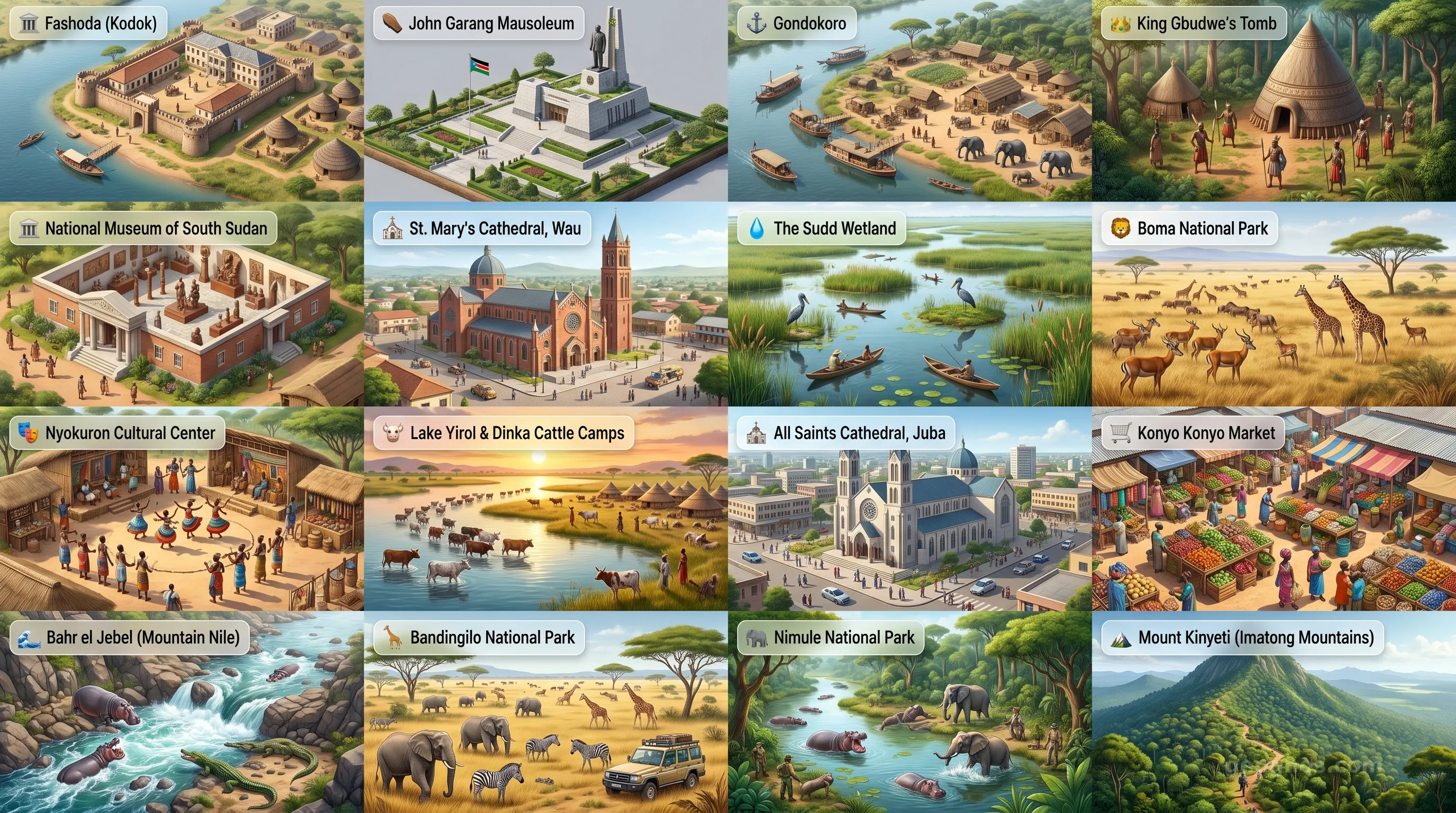 South Sudan - Panoramic Places of Interest Atlas including Fashoda (Kodok), John Garang Mausoleum, Gondokoro, King Gbudwe's Tomb, National Museum of South Sudan, St. Mary's Cathedral, Wau, The Sudd Wetland, Boma National Park, Nyokuron Cultural Center, Lake Yirol & Dinka Cattle Camps, All Saints Cathedral, Juba, Konyo Konyo Market, Bahr el Jebel (Mountain Nile), Bandingilo National Park, Nimule National Park, Mount Kinyeti (Imatong Mountains)