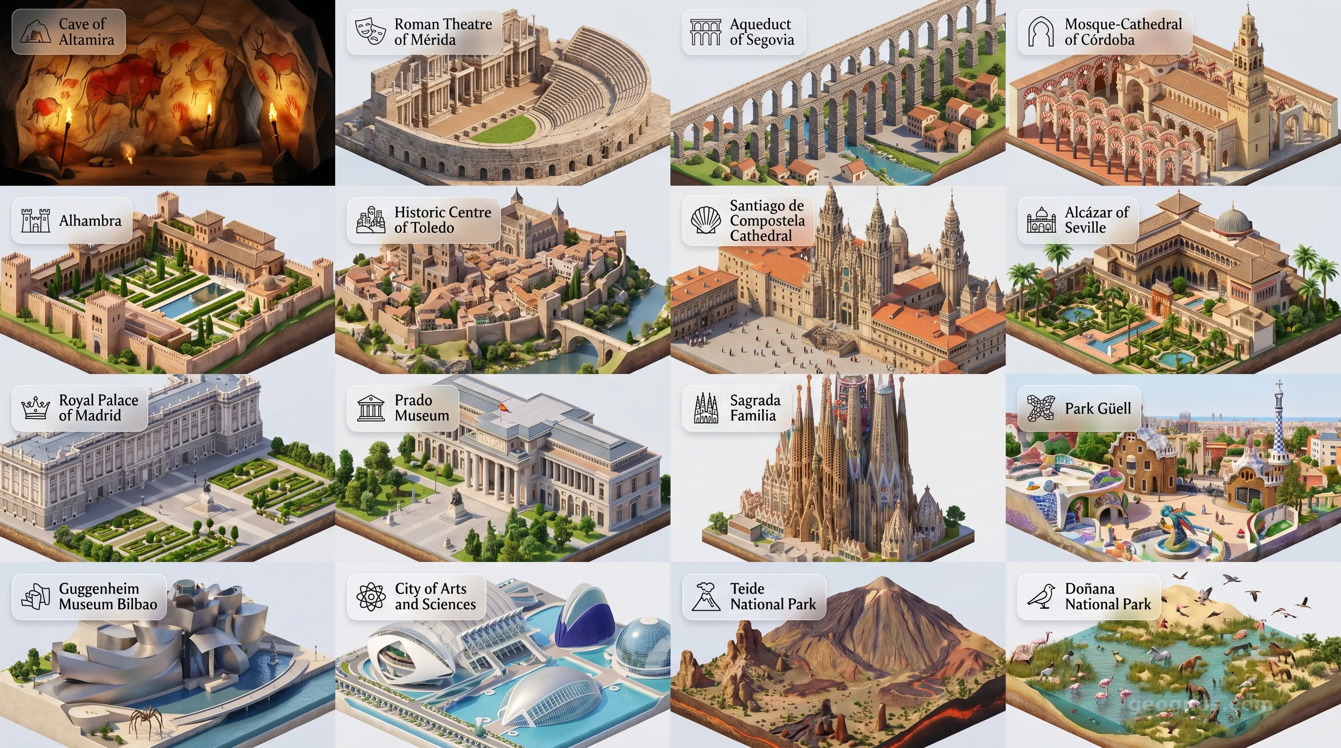 Spain - Panoramic Places of Interest Atlas including Cave of Altamira, Roman Theatre of Mérida, Aqueduct of Segovia, Mosque-Cathedral of Córdoba, Alhambra, Historic Centre of Toledo, Santiago de Compostela Cathedral, Alcázar of Seville, Royal Palace of Madrid, Prado Museum, Sagrada Familia, Park Güell, Guggenheim Museum Bilbao, City of Arts and Sciences, Teide National Park, Doñana National Park
